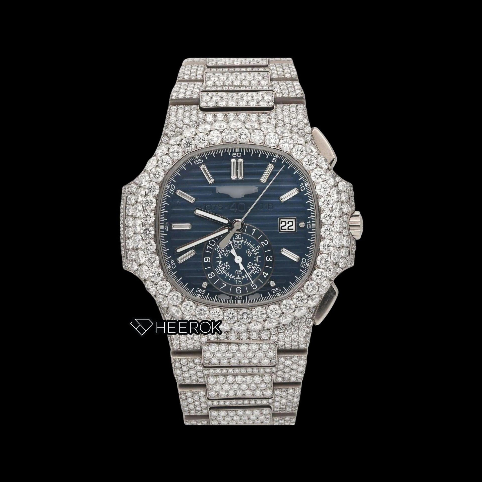 Patek Philippe Nautilus Chronograph Blue Dial Baguette Diamond Markers Diamond Bezel Fully Iced Moissanite Diamond