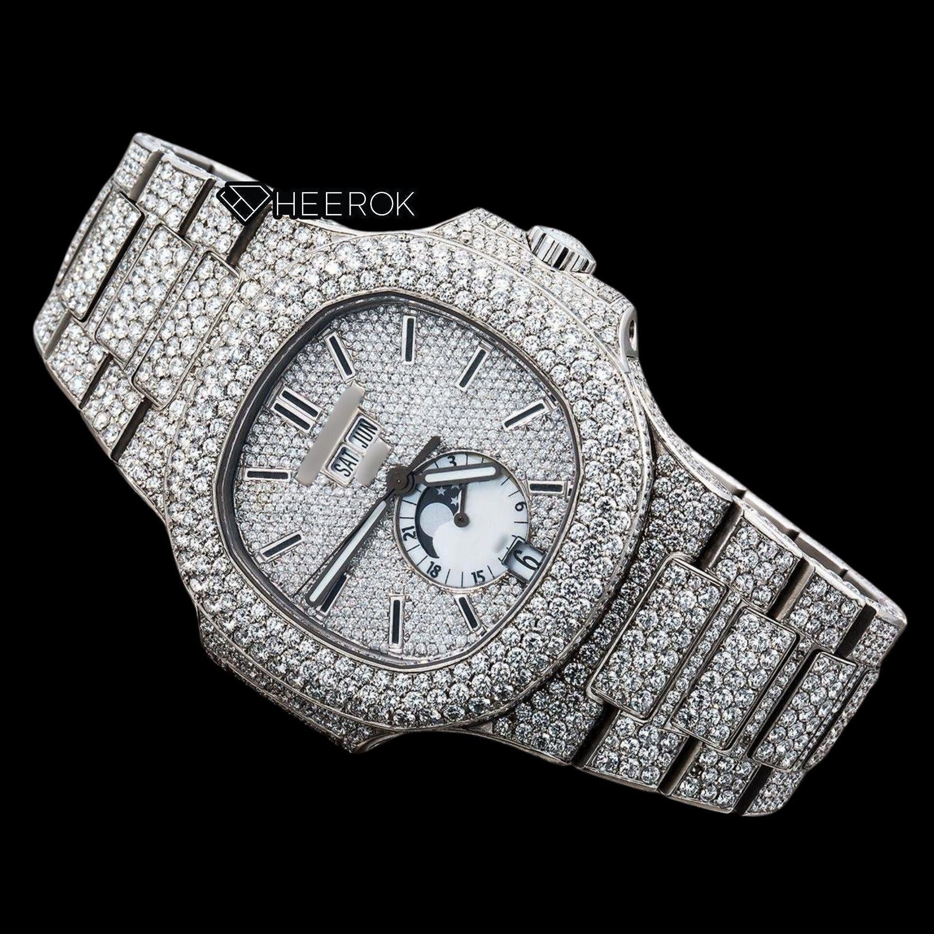 Patek Philippe Nautilus Full Pave Dial Black Stick Markers Diamond Bezel Fully Iced Moissanite Diamond