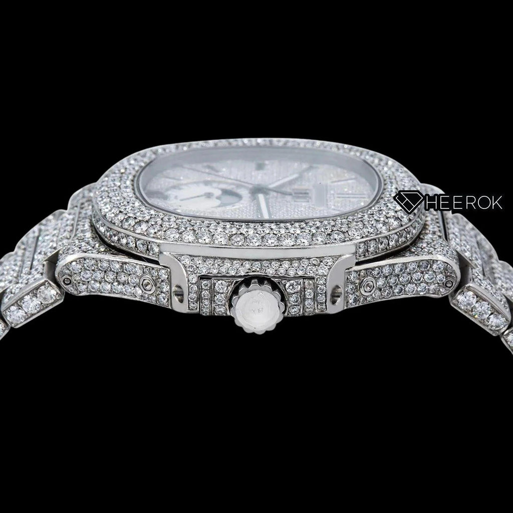 Patek Philippe Nautilus Full Pave Dial Black Stick Markers Diamond Bezel Fully Iced Moissanite Diamond