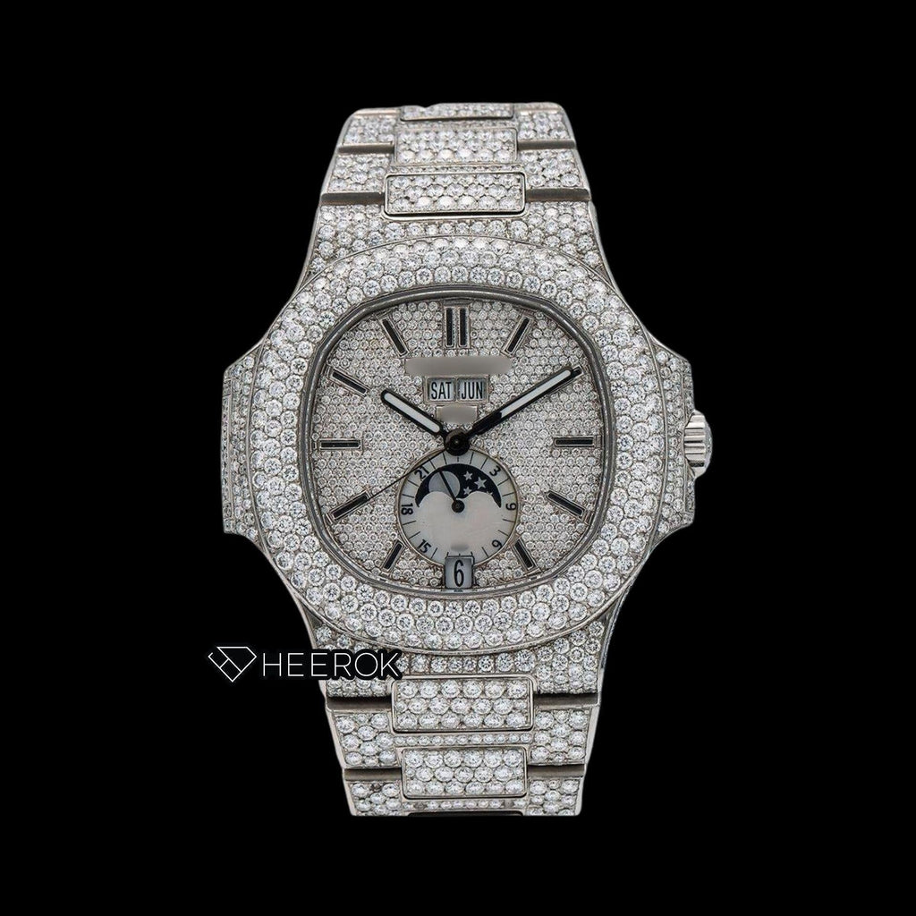 Patek Philippe Nautilus Full Pave Dial Black Stick Markers Diamond Bezel Fully Iced Moissanite Diamond