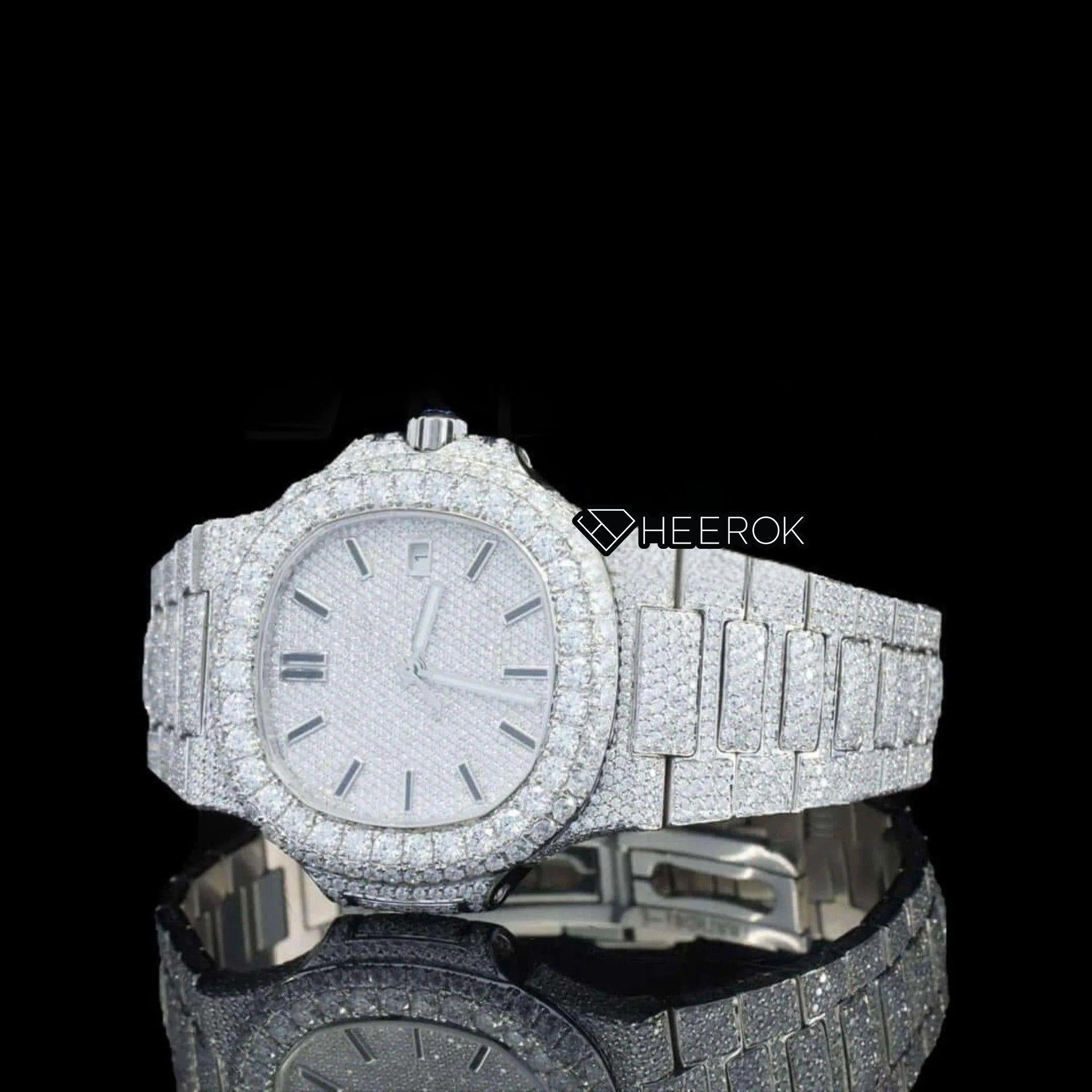 Patek Philippe Nautilus Full Pave Dial Stick Markers Diamond Bezel Fully Iced Moissanite Diamond Watch