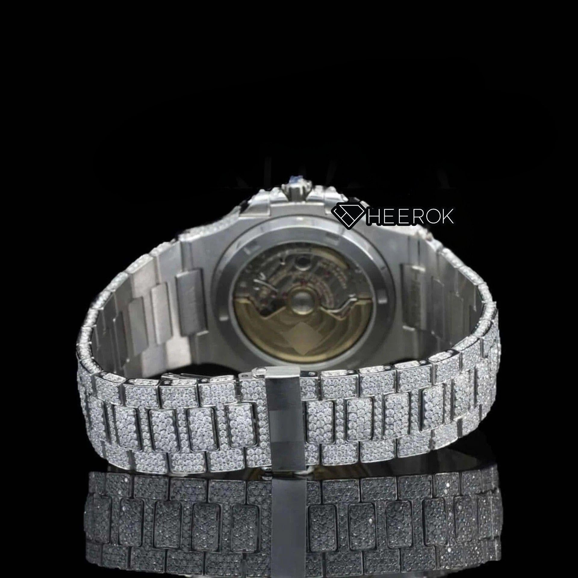 Patek Philippe Nautilus Full Pave Dial Stick Markers Diamond Bezel Fully Iced Moissanite Diamond