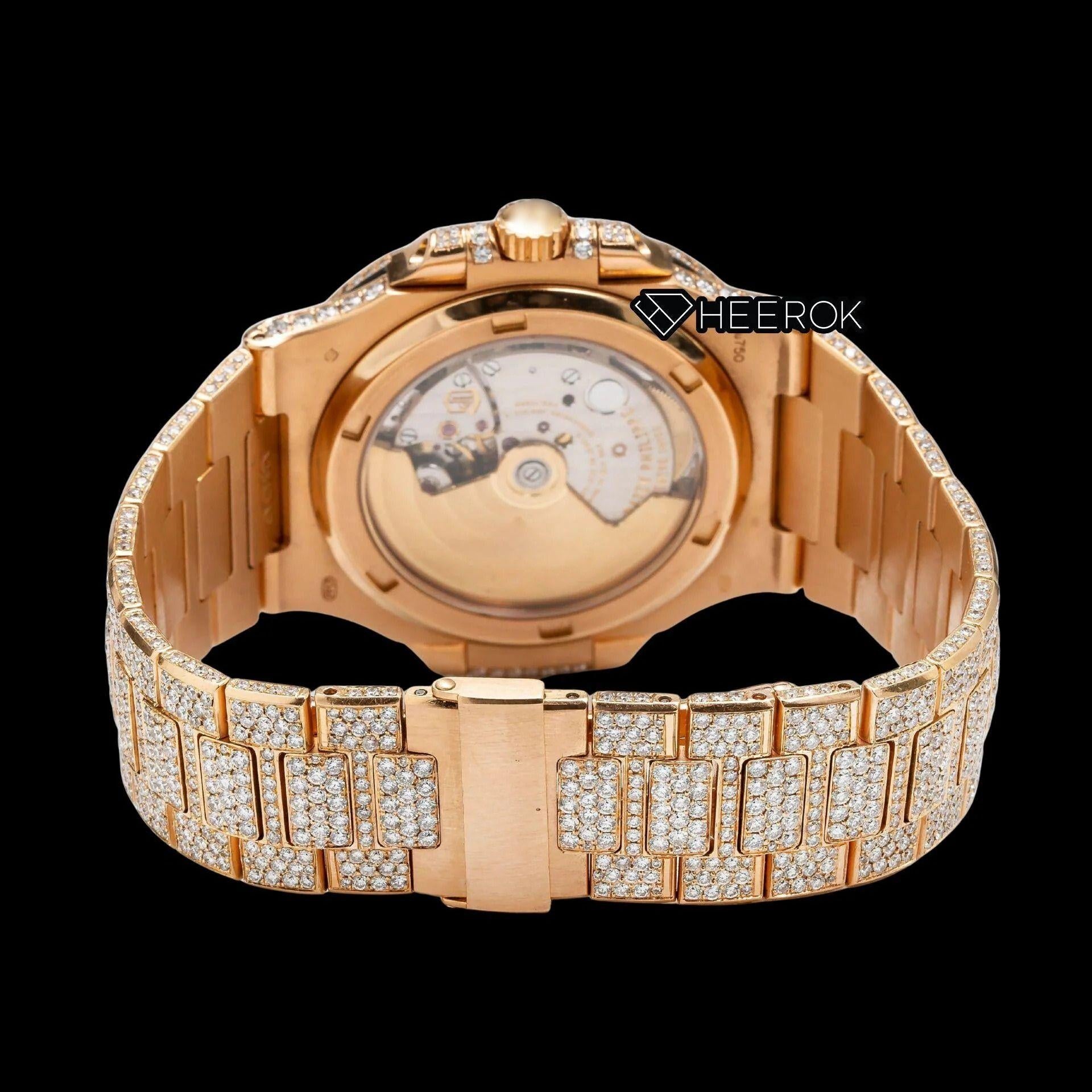 Patek Philippe Nautilus Rose Gold Full Pave Dial Stick Markers Diamond Bezel Fully Iced Moissanite Diamond