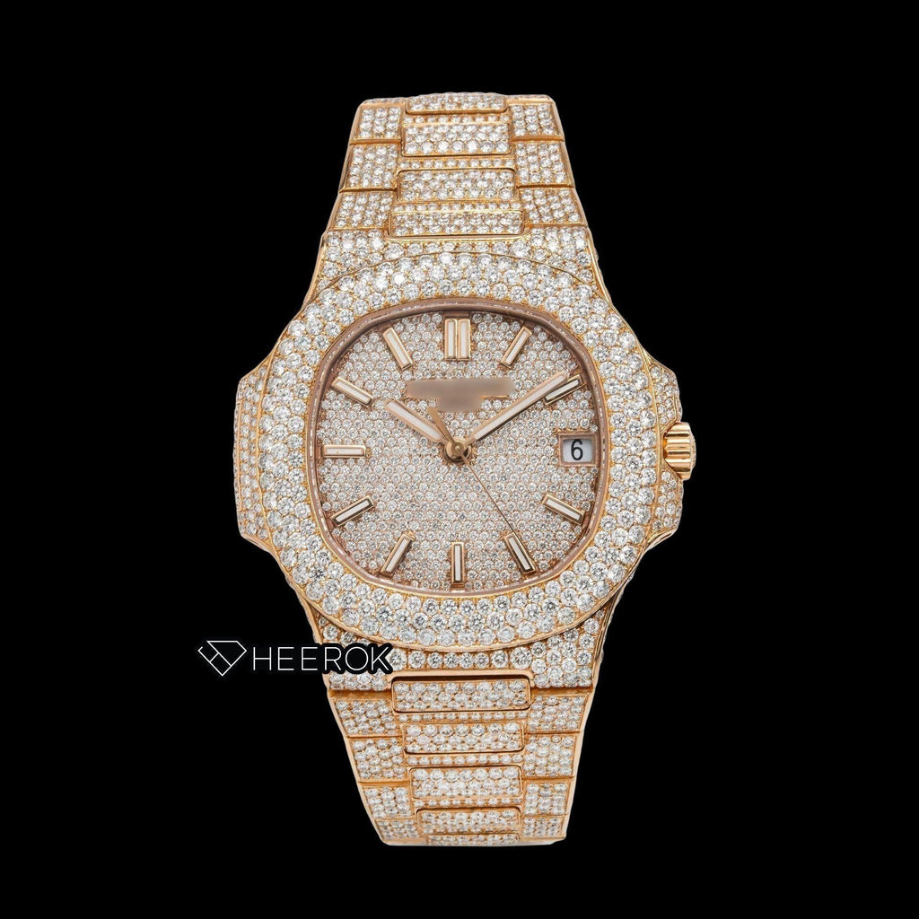 Patek Philippe Nautilus Rose Gold Full Pave Dial Stick Markers Diamond Bezel Fully Iced Moissanite Diamond