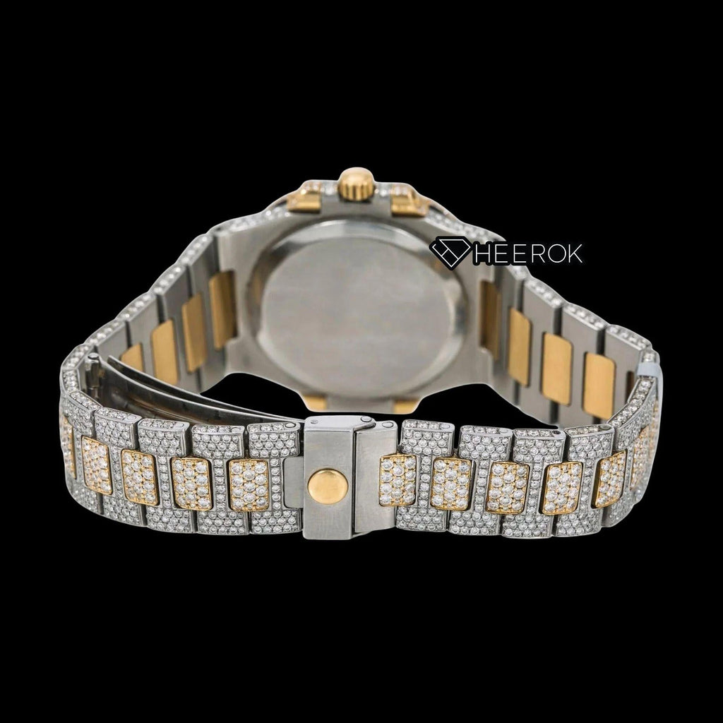 Patek Philippe Nautilus Full Pave White Dial Stick Markers Diamond Bezel Two Tone Yellow Gold Moissanite Diamond Watch