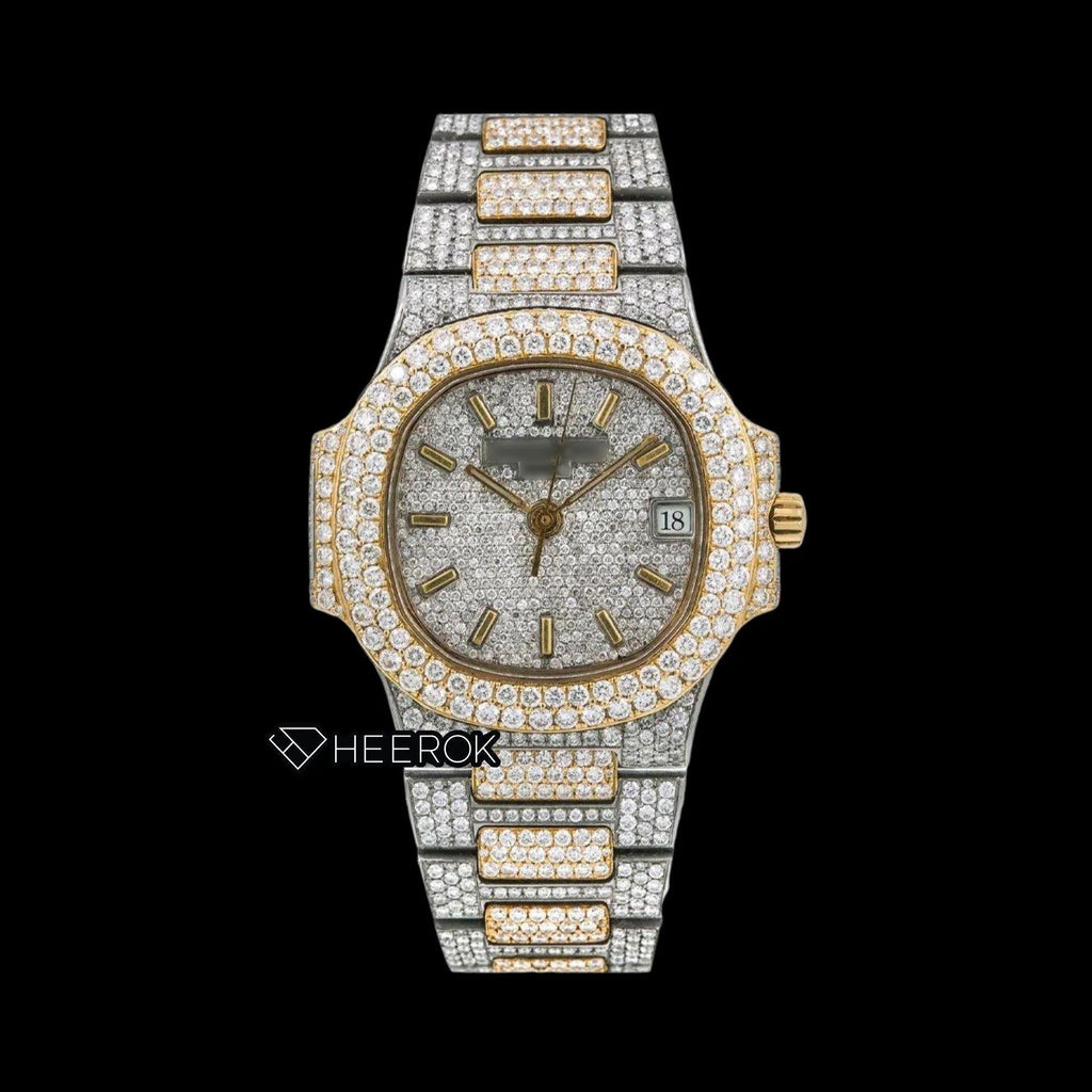 Patek Philippe Nautilus Full Pave White Dial Stick Markers Diamond Bezel Two Tone Yellow Gold Moissanite Diamond Watch