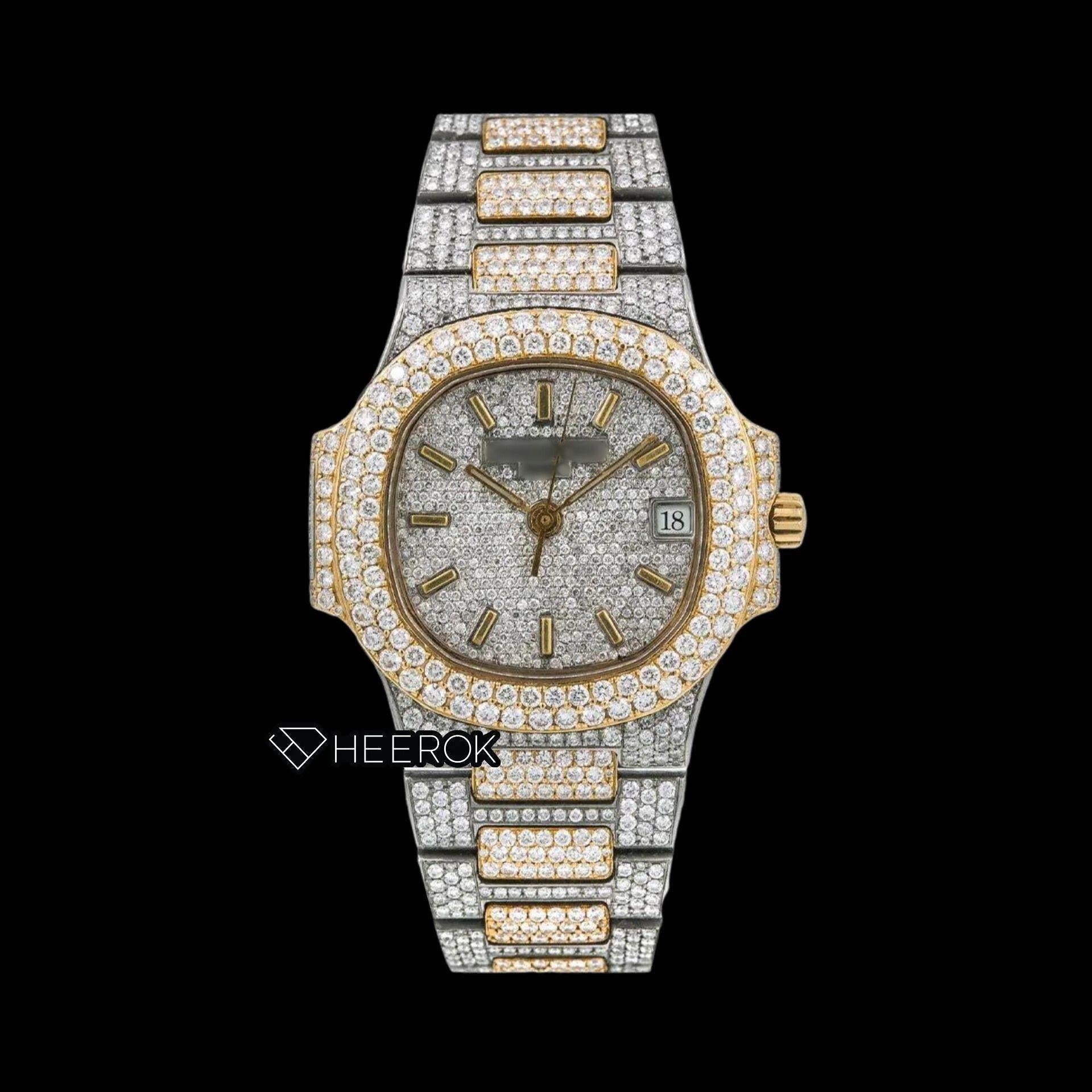 Patek Philippe Nautilus Full Pave White Dial Stick Markers Diamond Bezel Two Tone Yellow Gold Moissanite Diamond Watch