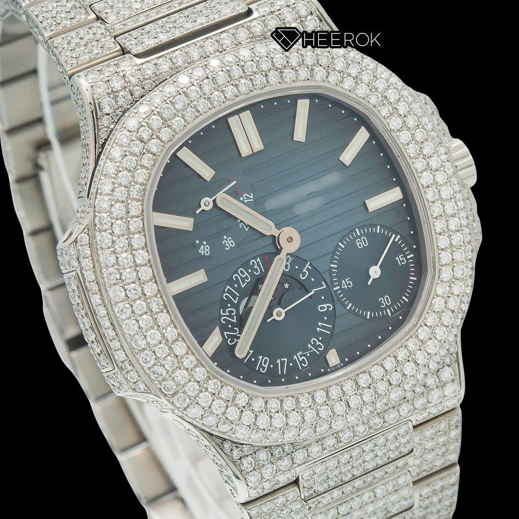 Patek Philippe Nautilus Moonphase Blue Dial Stick Markers Diamond Bezel Moissanite Diamond