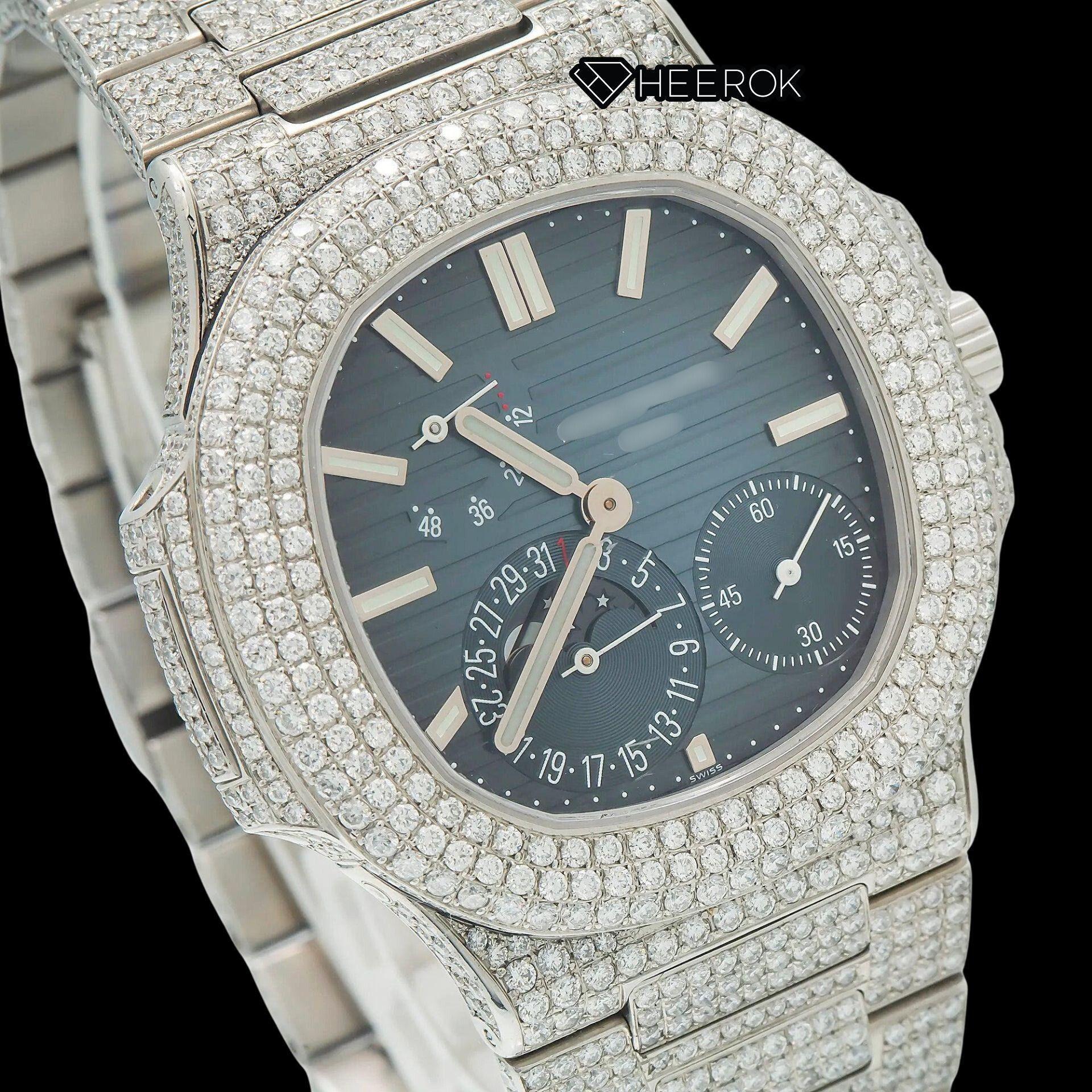 Patek Philippe Nautilus Moonphase Blue Dial Stick Markers Diamond Bezel Moissanite Diamond