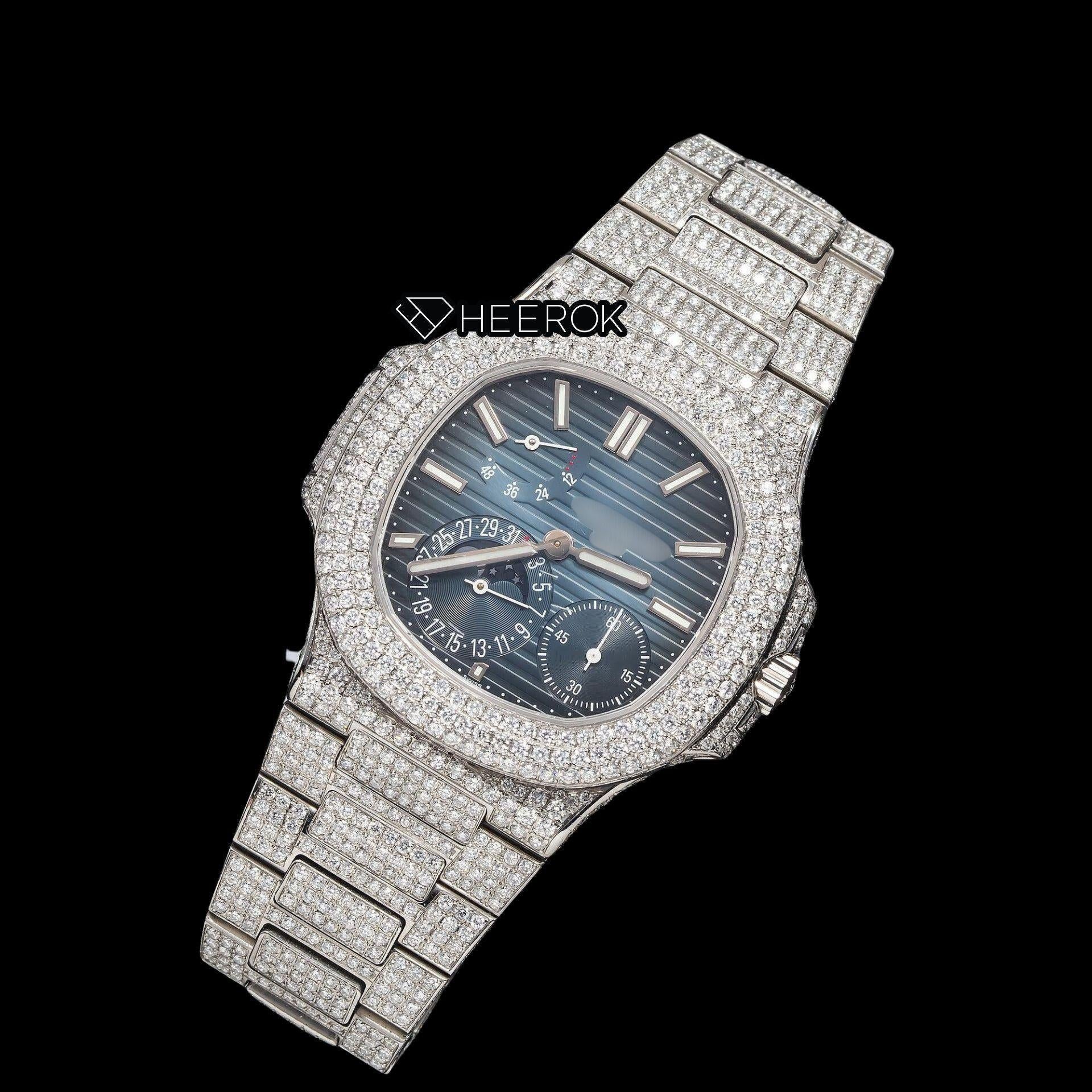 Patek Philippe Nautilus Moonphase Blue Dial Stick Markers Diamond Bezel Moissanite Diamond
