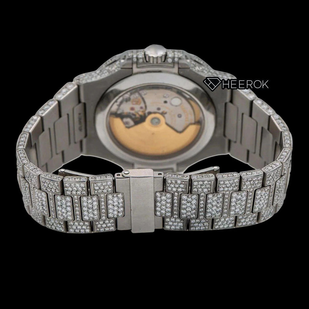 Patek Philippe Nautilus Moonphase Dial Black Stick Markers Diamond Bezel Fully Iced Moissanite Diamond
