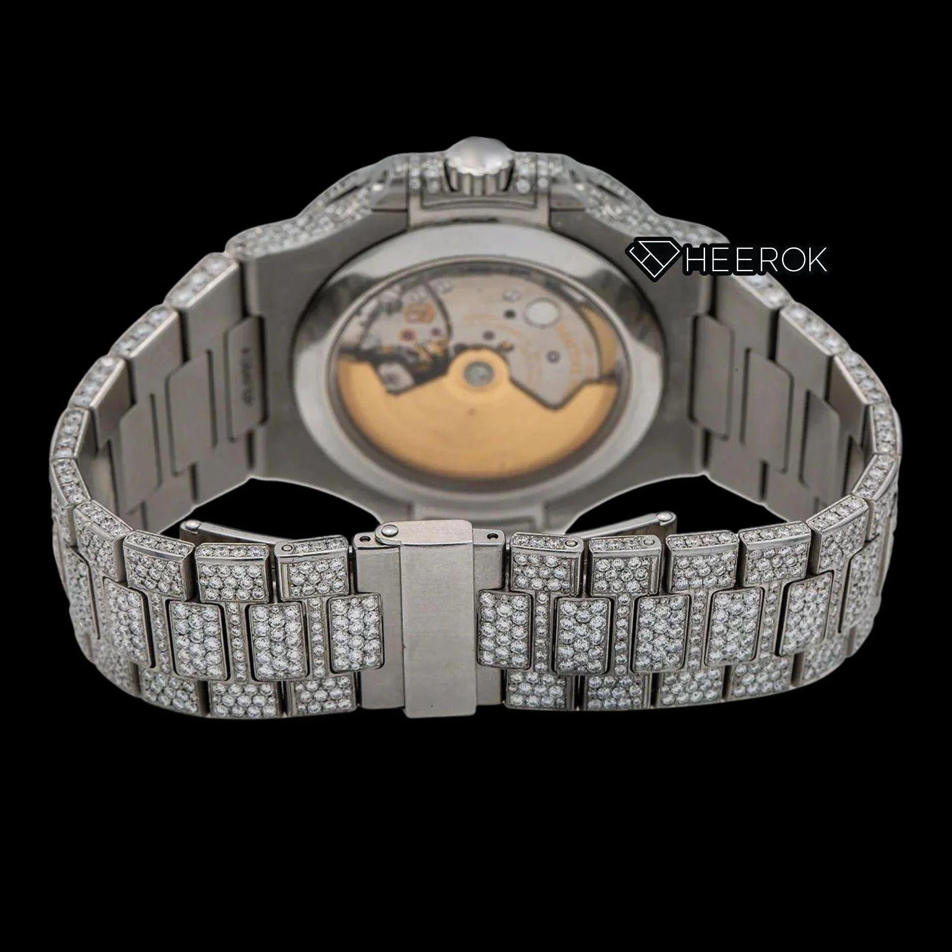 Patek Philippe Nautilus Moonphase Dial Black Stick Markers Diamond Bezel Fully Iced Moissanite Diamond