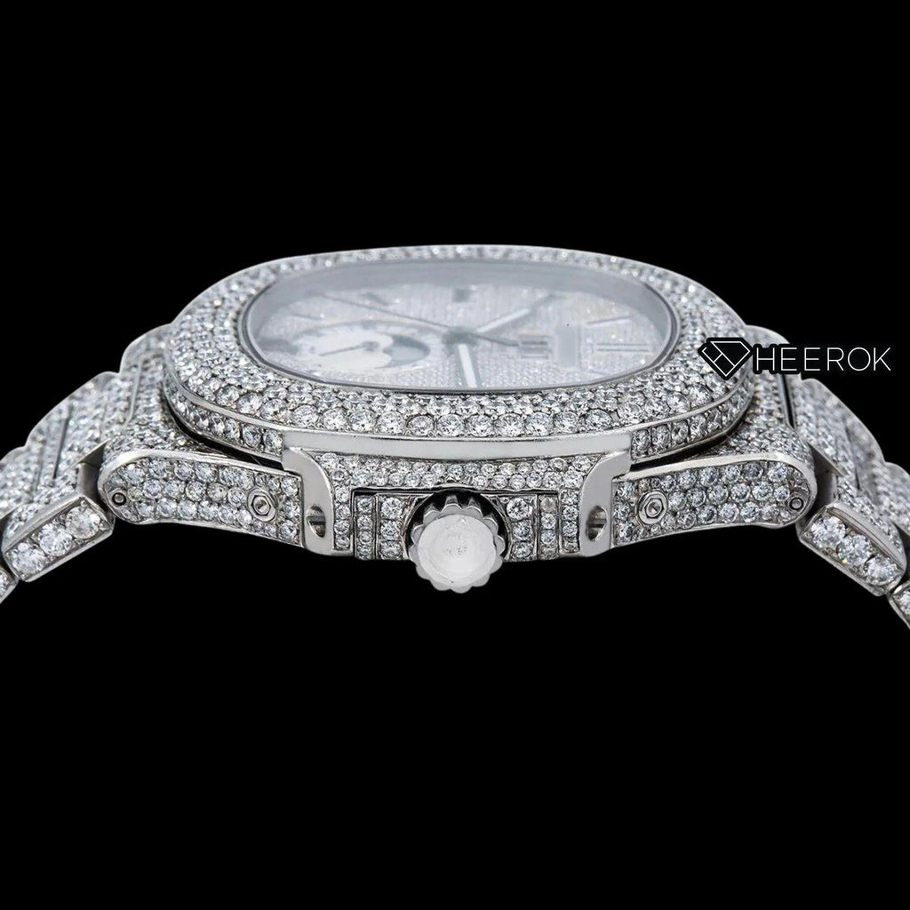 Patek Philippe Nautilus Moonphase Dial Black Stick Markers Diamond Bezel Fully Iced Moissanite Diamond