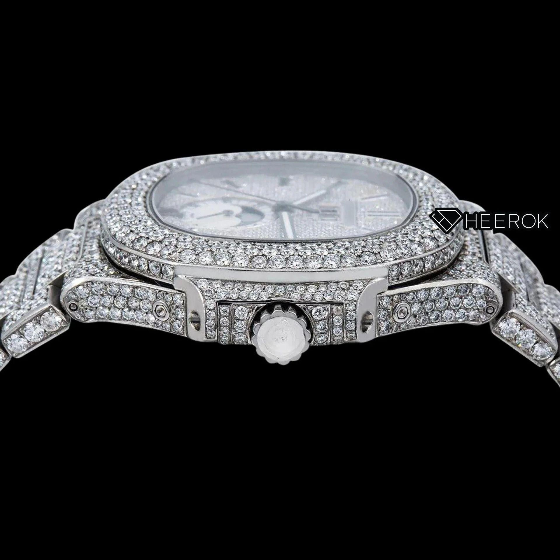Patek Philippe Nautilus Moonphase Dial Black Stick Markers Diamond Bezel Fully Iced Moissanite Diamond