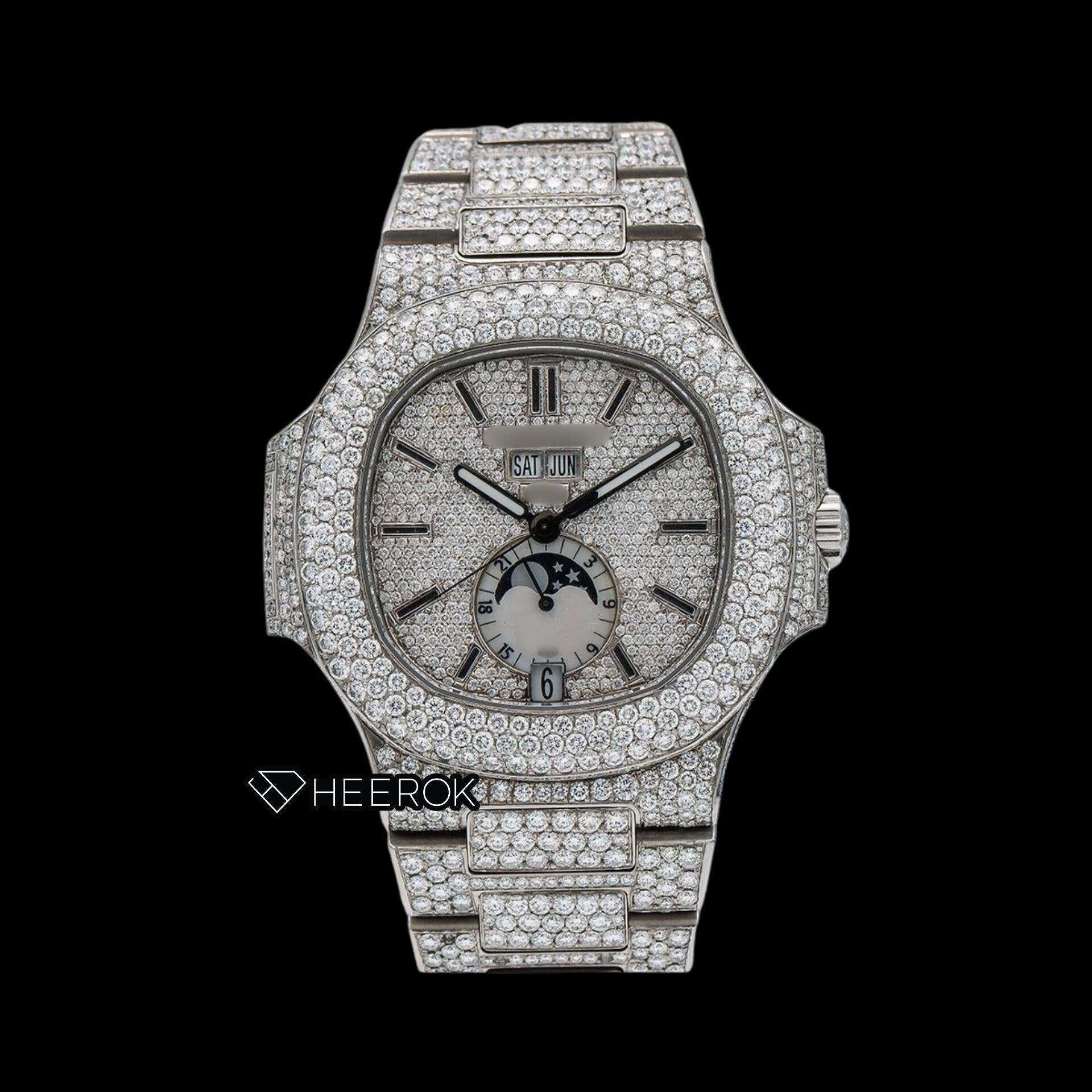 Patek Philippe Nautilus Moonphase Dial Black Stick Markers Diamond Bezel Fully Iced Moissanite Diamond
