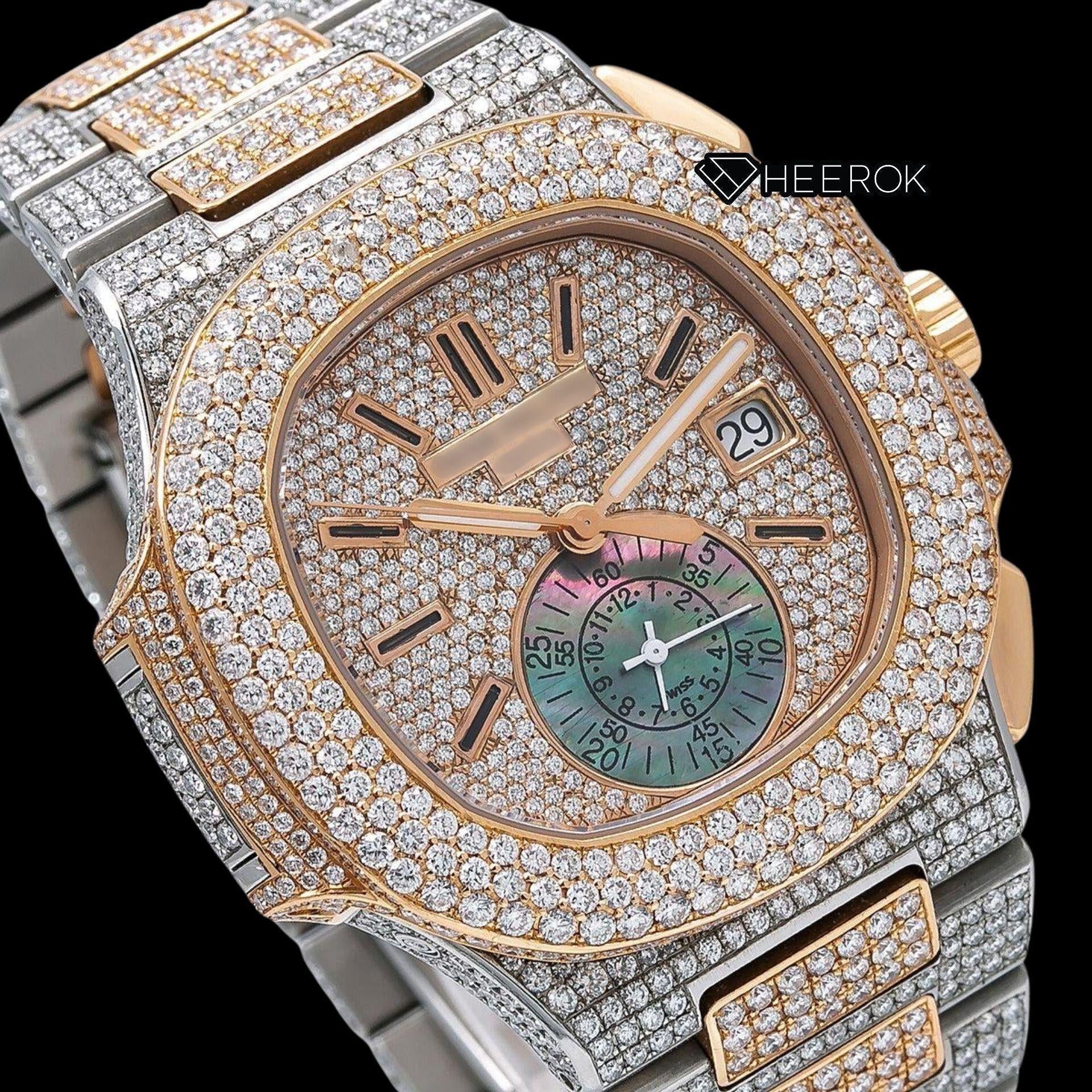 Patek Philippe Nautilus Rose Gold Dial Stick Markers Diamond Bezel Two Tone Rose Gold Moissanite Diamonds