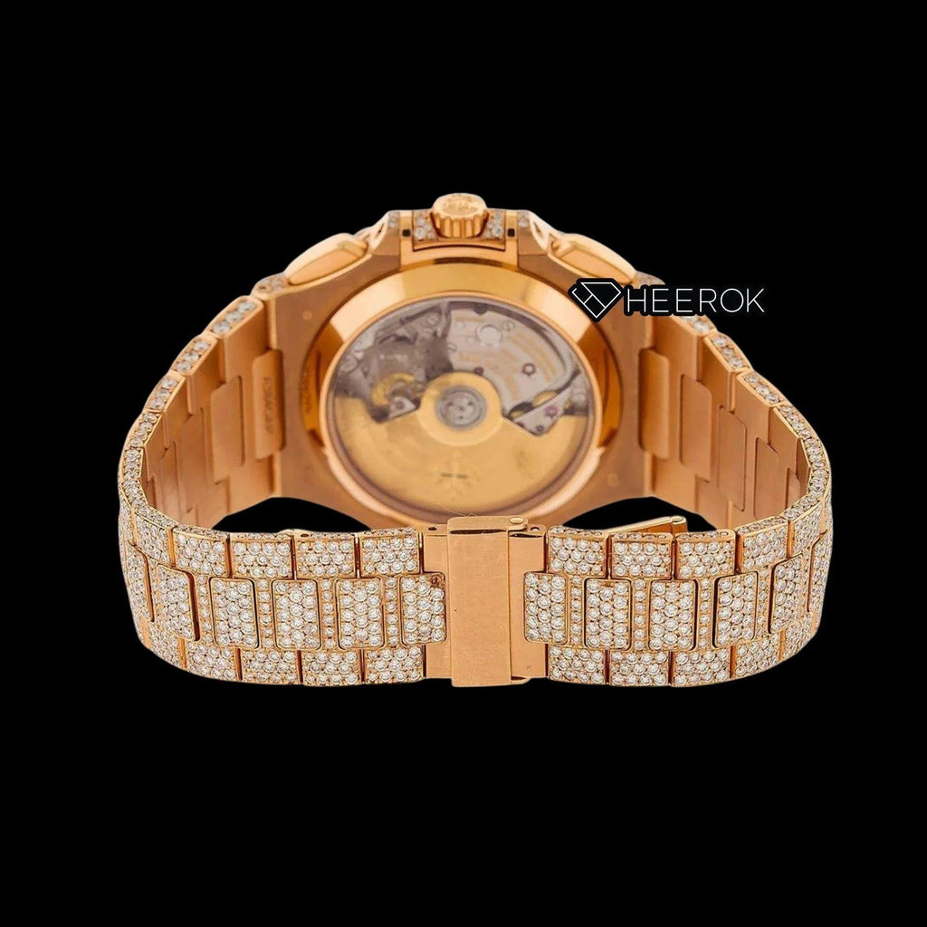 Patek Philippe Nautilus Rose Gold Full Pave Dial Large Round Diamond Bezel Fully Iced Moissanite Diamond