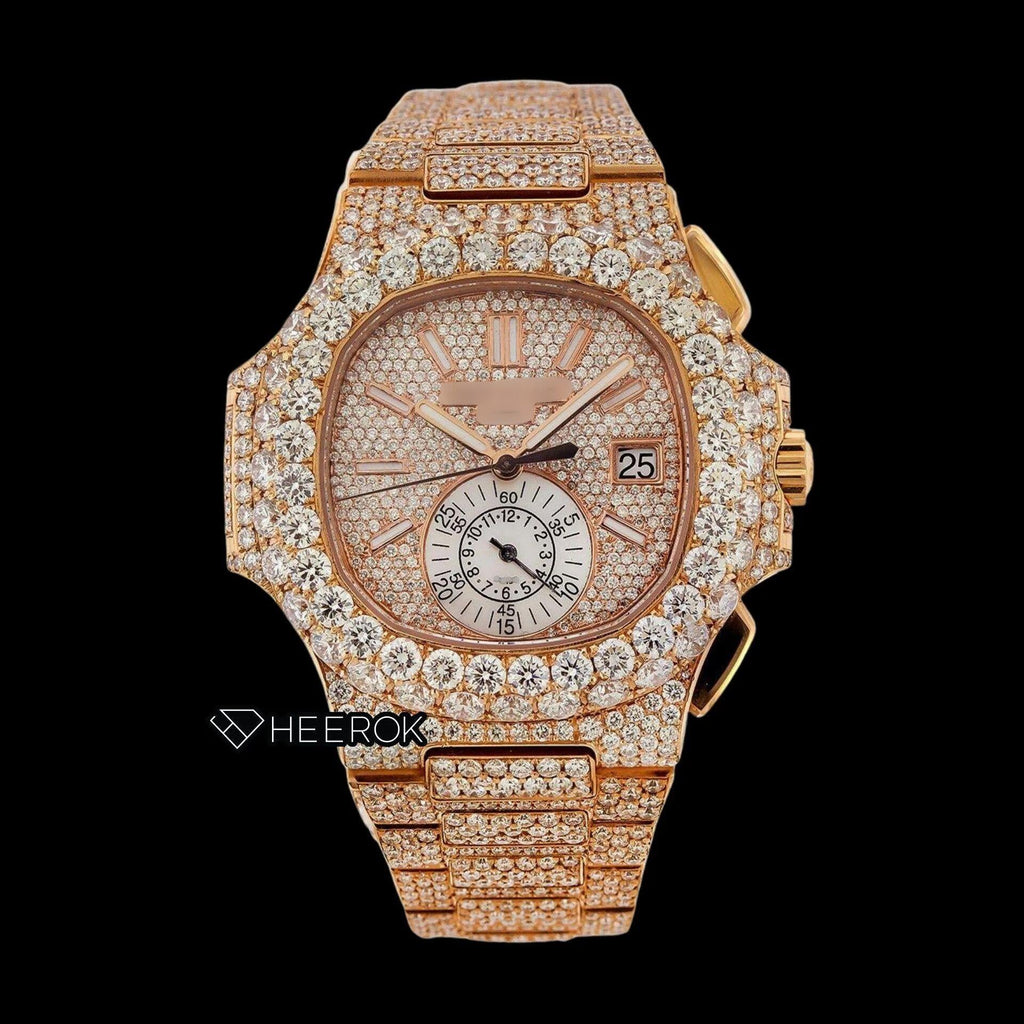 Patek Philippe Nautilus Rose Gold Full Pave Dial Large Round Diamond Bezel Fully Iced Moissanite Diamond