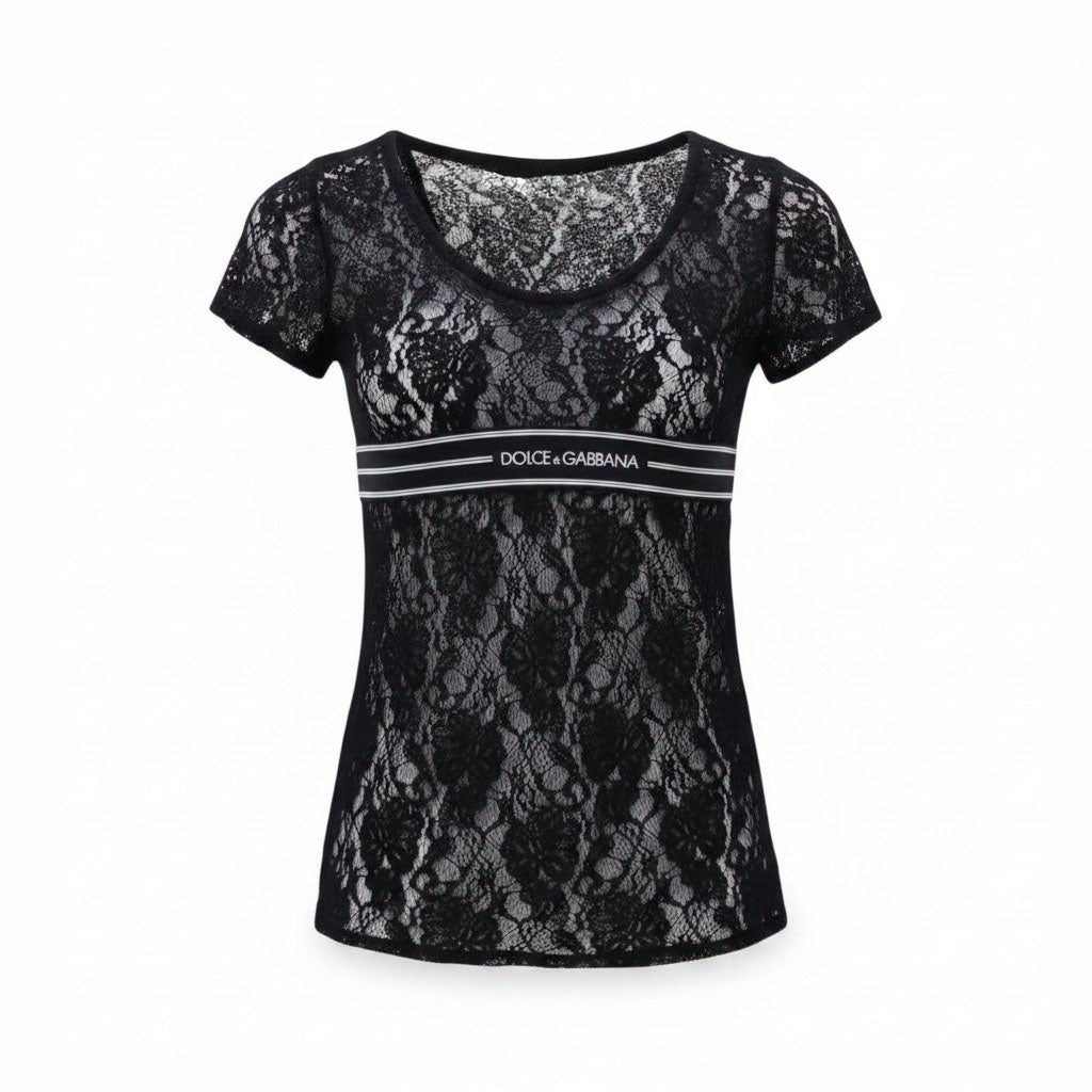 DOLCE & GABBANA BLACK LACE TOP WITH LOGO DETAIL - SIZE 42