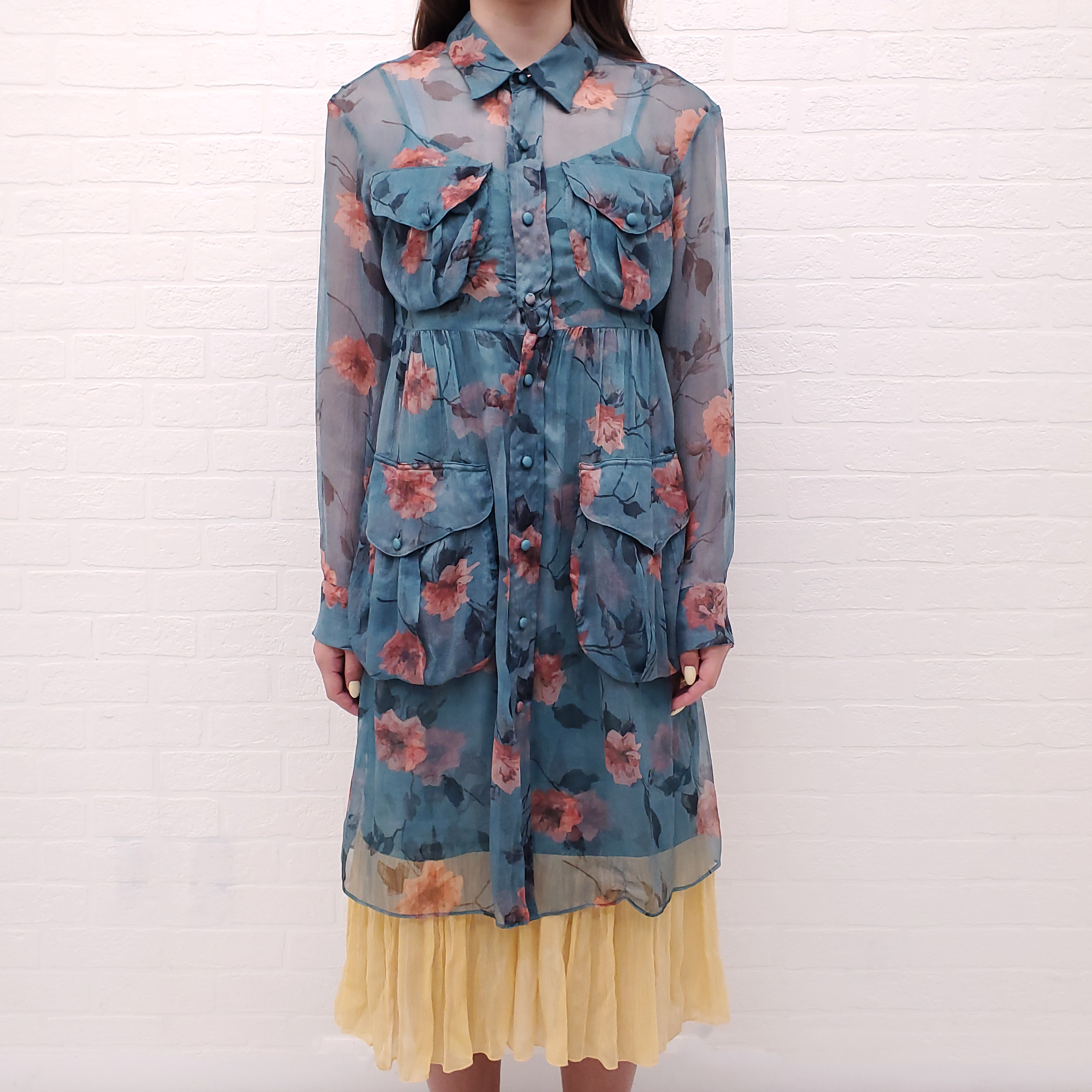 R13 TEAL SHEER FLORAL LAYERED DRESS - SIZE XS