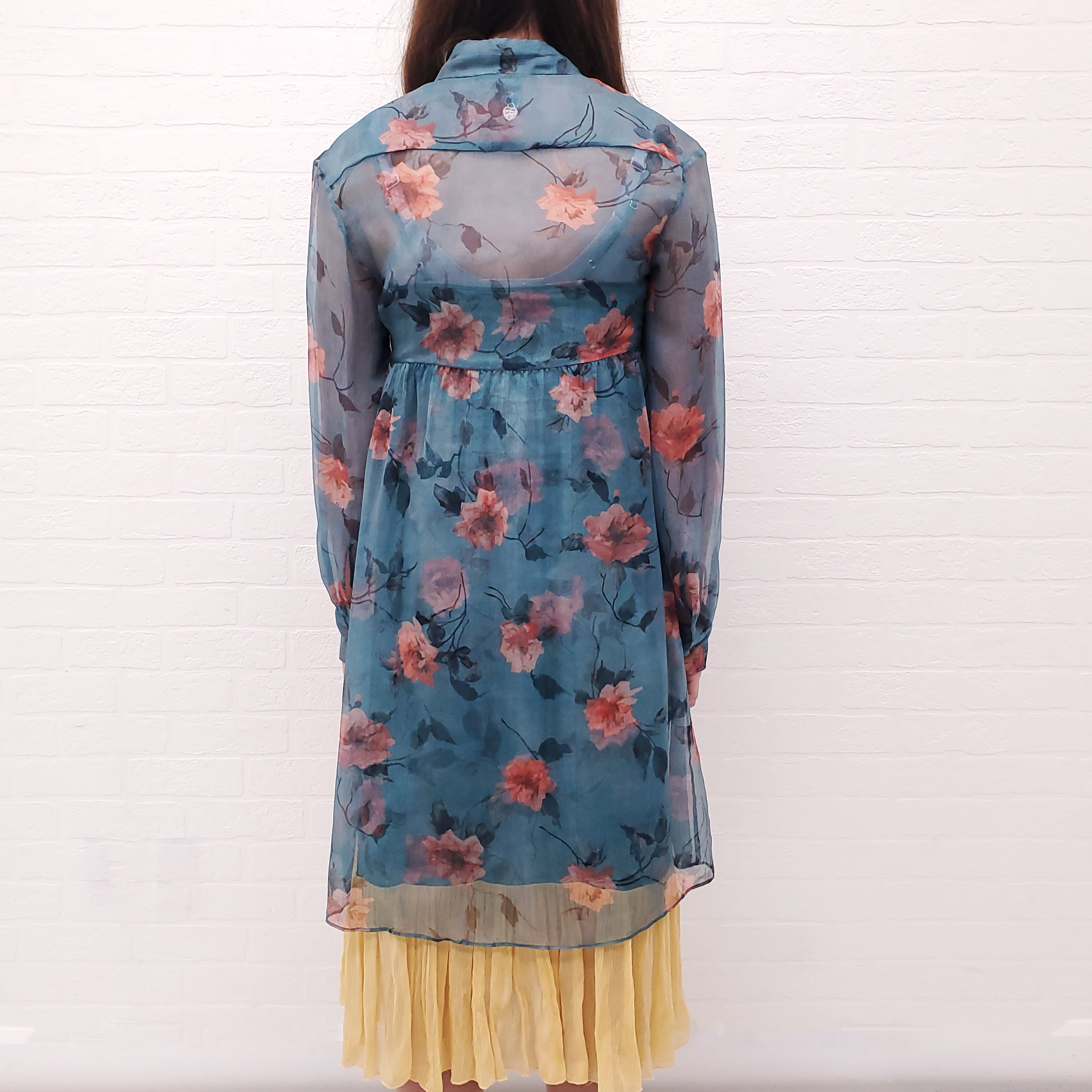 R13 TEAL SHEER FLORAL LAYERED DRESS - SIZE XS