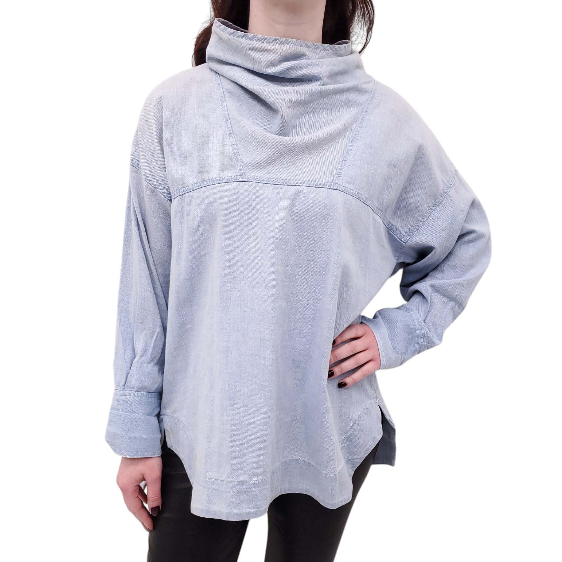 RACHEL COMEY OVERSIZED DENIM EFFECT COWL NECK BLOUSE - SIZE 0