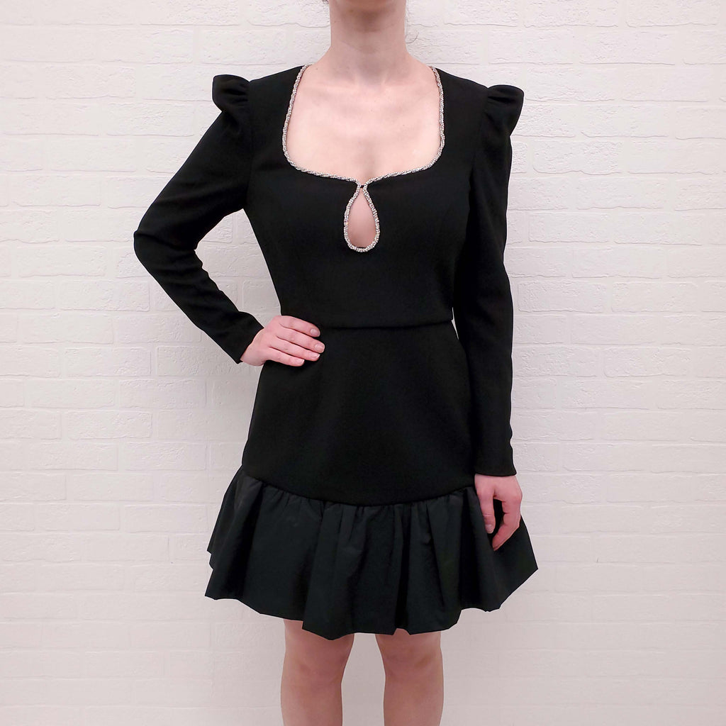 REBECCA VALLANCE BLACK LONG SLEEVE MINI DRESS WITH CRYSTAL NECKLINE - SIZE 10 AU/6 US