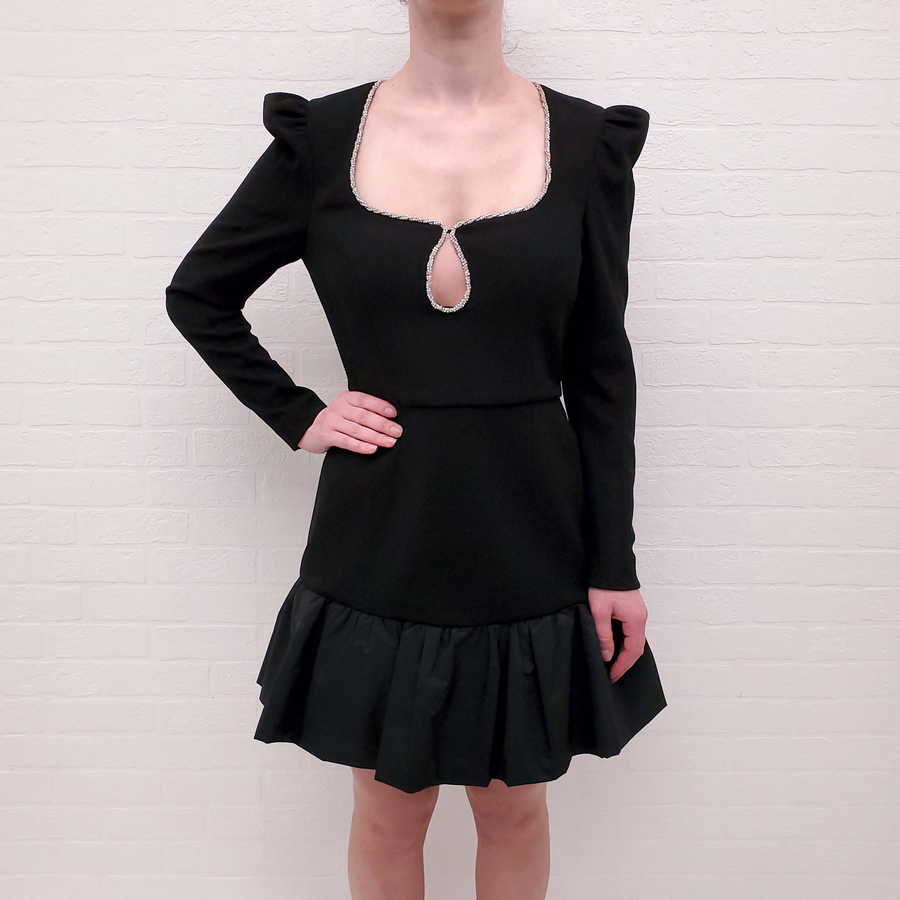REBECCA VALLANCE BLACK LONG SLEEVE MINI DRESS WITH CRYSTAL NECKLINE - SIZE 10 AU/6 US