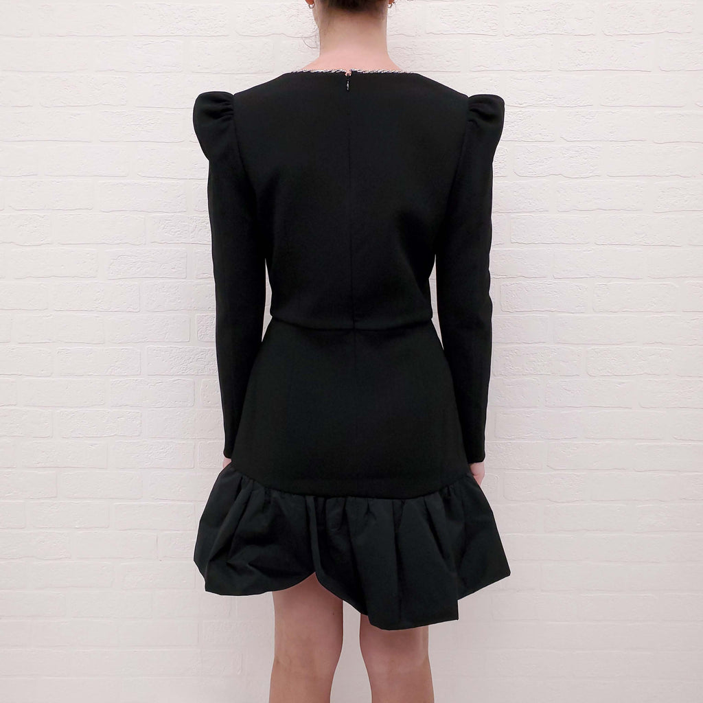 REBECCA VALLANCE BLACK LONG SLEEVE MINI DRESS WITH CRYSTAL NECKLINE - SIZE 10 AU/6 US