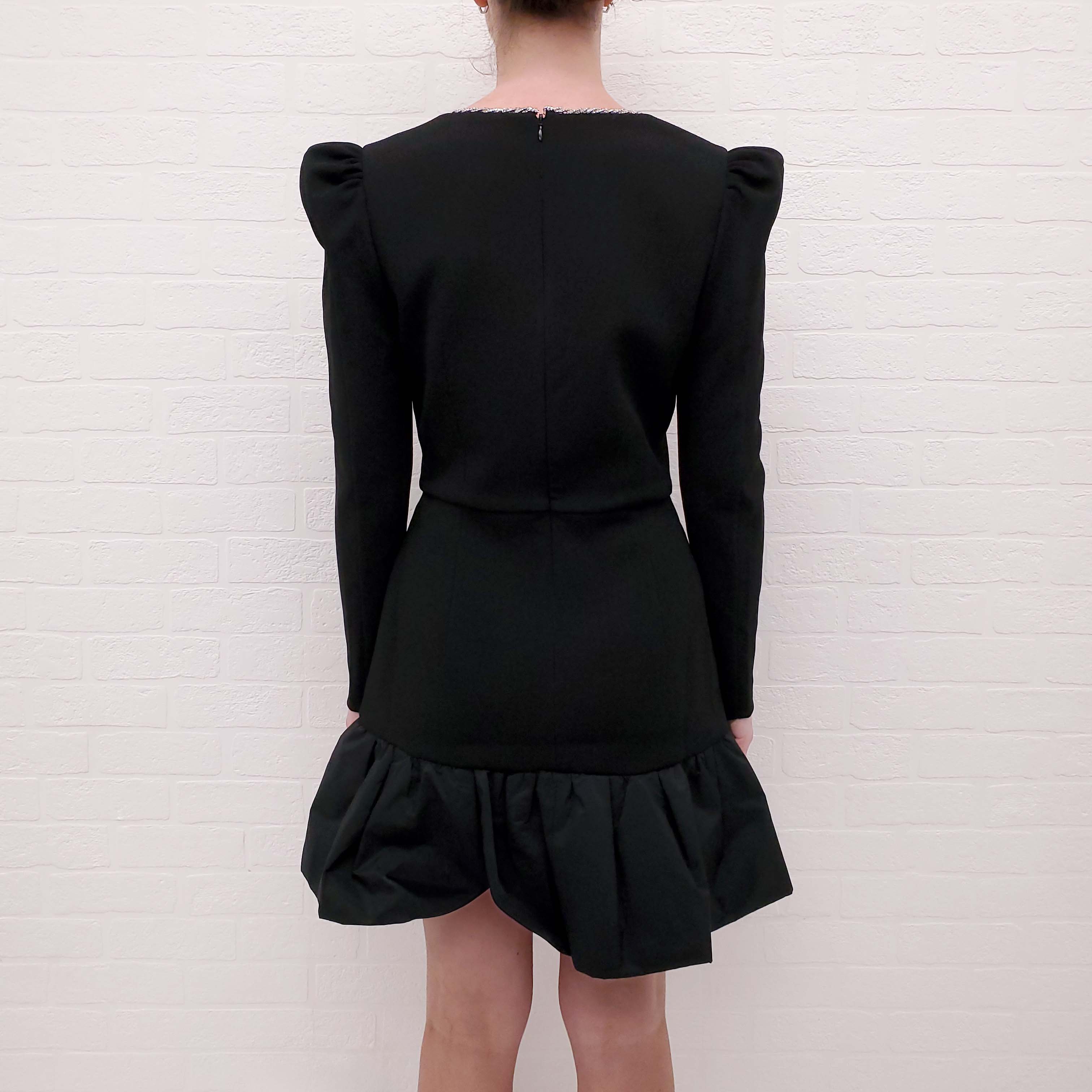REBECCA VALLANCE BLACK LONG SLEEVE MINI DRESS WITH CRYSTAL NECKLINE - SIZE 10 AU/6 US