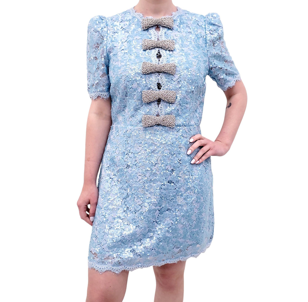 REBECCA VALLANCE x NICKY HILTON BLUE LACE SEQUIN DRESS WITH CRYSTAL BOWS - SIZE US 8