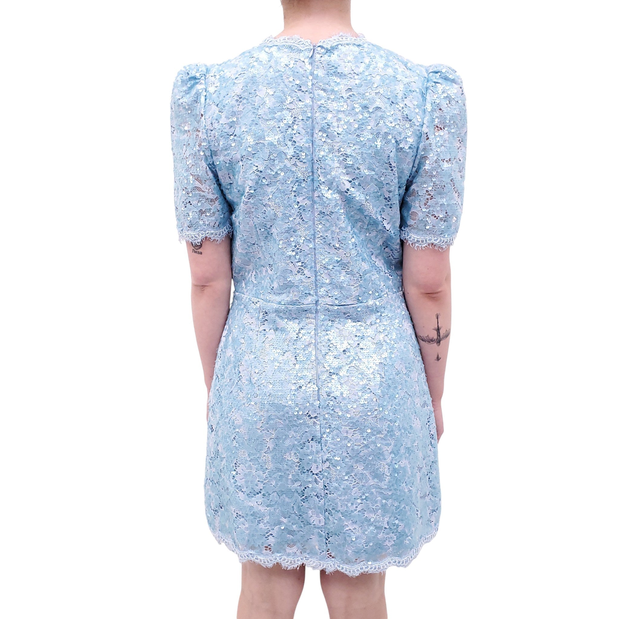 REBECCA VALLANCE x NICKY HILTON BLUE LACE SEQUIN DRESS WITH CRYSTAL BOWS - SIZE US 8
