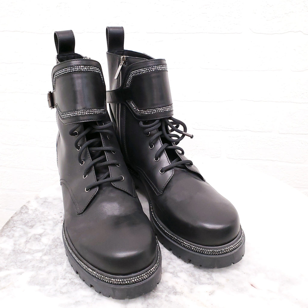 RENE CAOVILLA BLACK LEATHER MOTORCYCLE BOOTS WITH RHINESTONE DETAIL - SIZE 41