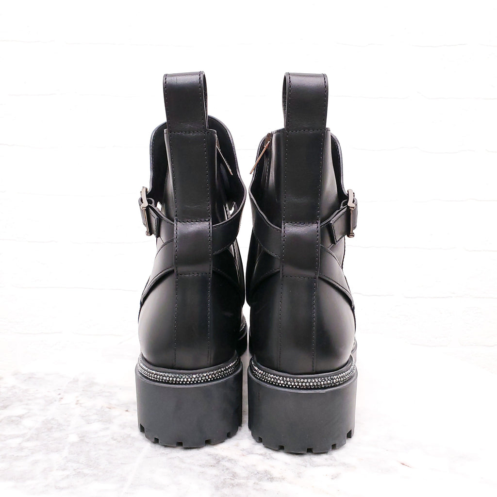 RENE CAOVILLA BLACK LEATHER MOTORCYCLE BOOTS WITH RHINESTONE DETAIL - SIZE 41