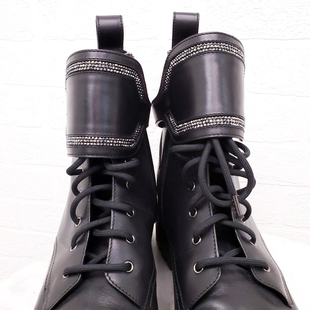 RENE CAOVILLA BLACK LEATHER MOTORCYCLE BOOTS WITH RHINESTONE DETAIL - SIZE 41