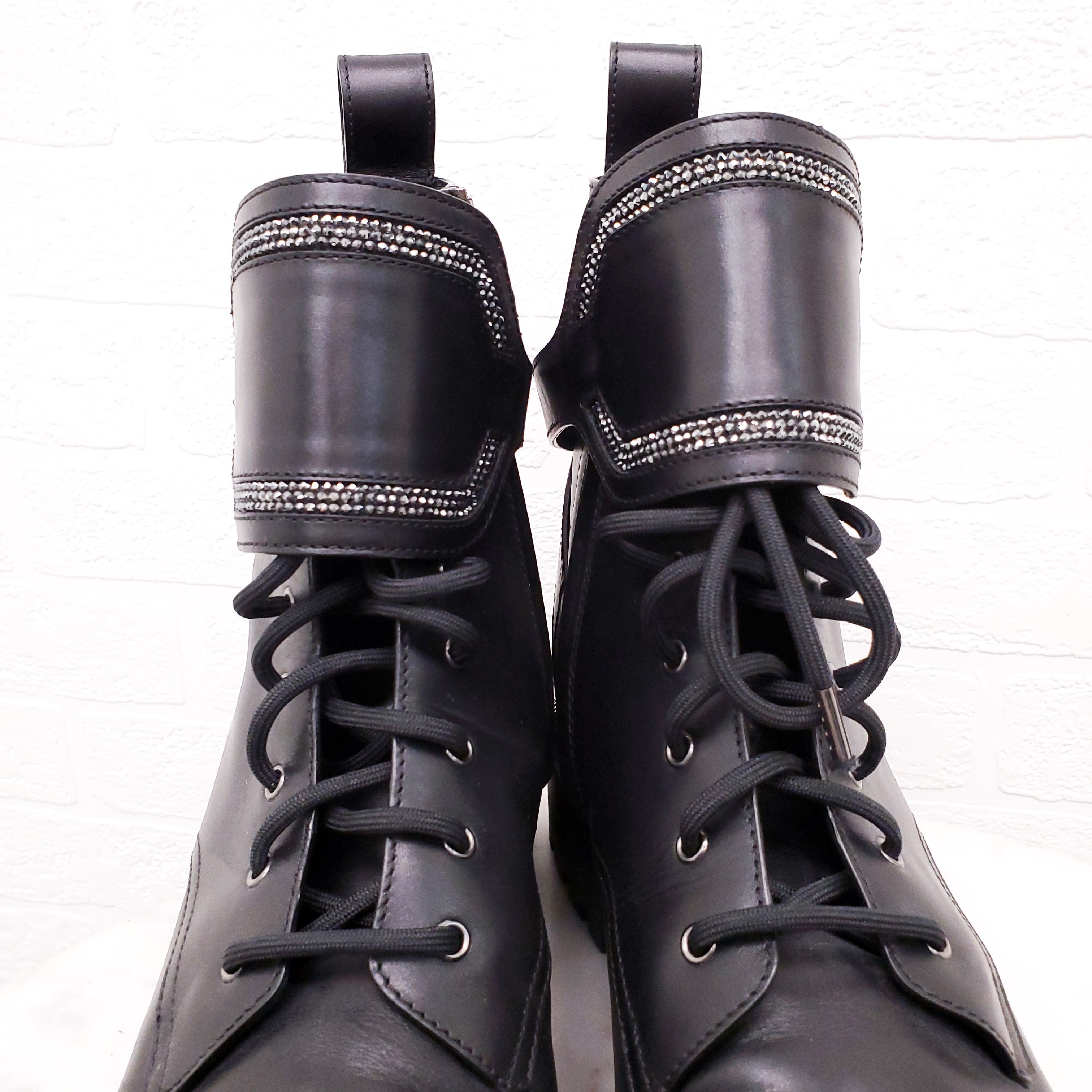 RENE CAOVILLA BLACK LEATHER MOTORCYCLE BOOTS WITH RHINESTONE DETAIL - SIZE 41