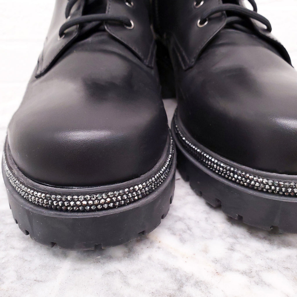 RENE CAOVILLA BLACK LEATHER MOTORCYCLE BOOTS WITH RHINESTONE DETAIL - SIZE 41