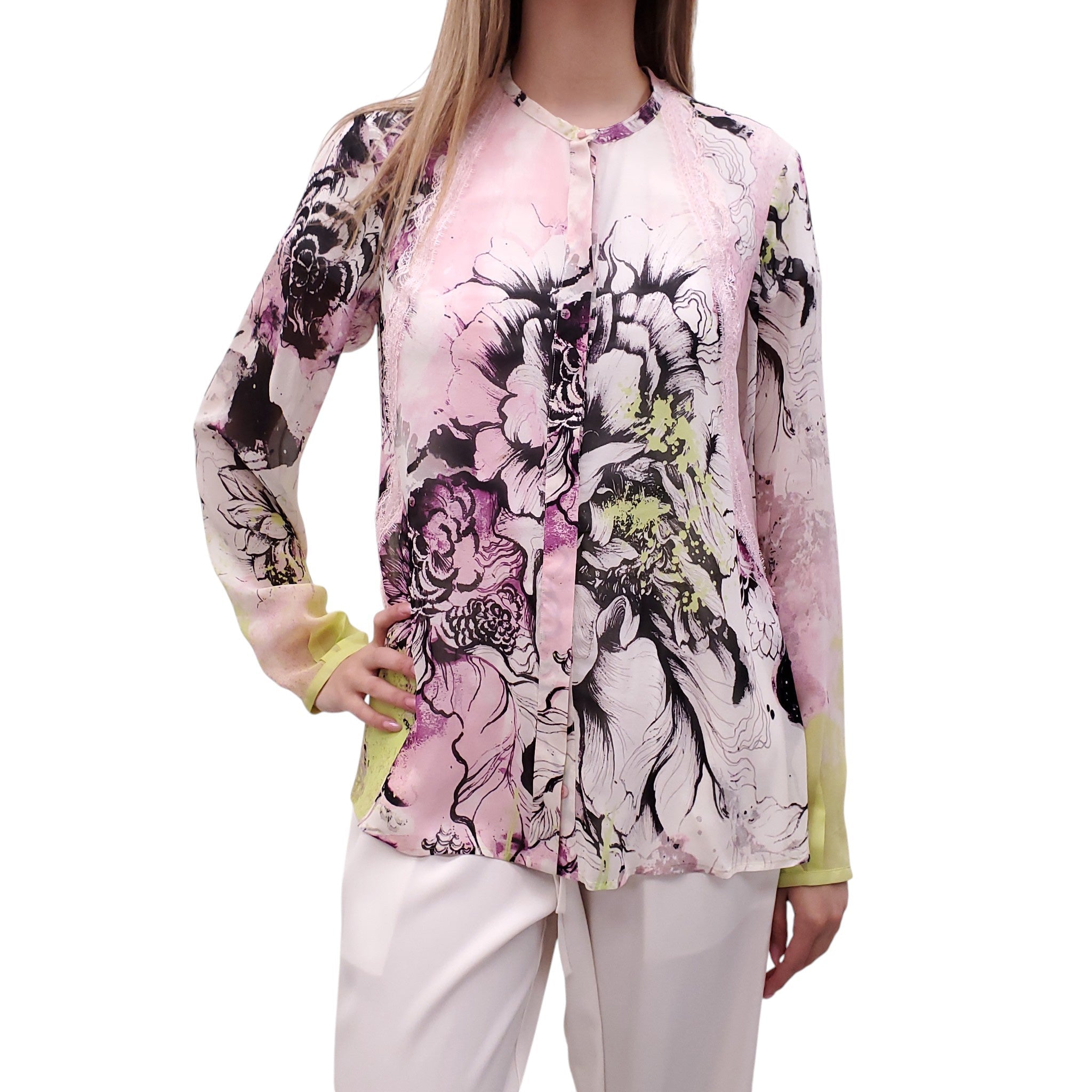 ROBERTO CAVALLI PINK AND NEON YELLOW FLORAL SILK BLOUSE - SIZE 44