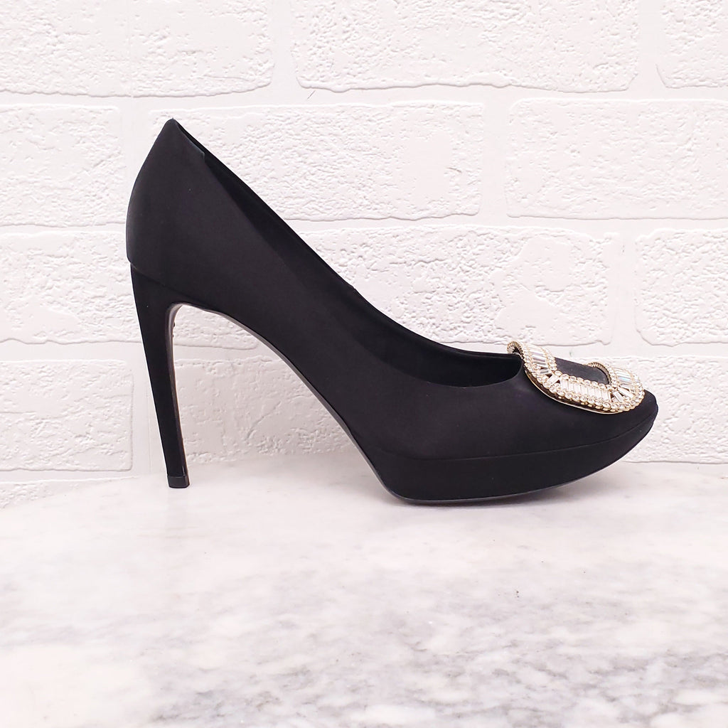 ROGER VIVIER BLACK SATIN HEELS WITH CRYSTAL EMBLEM - SIZE 39