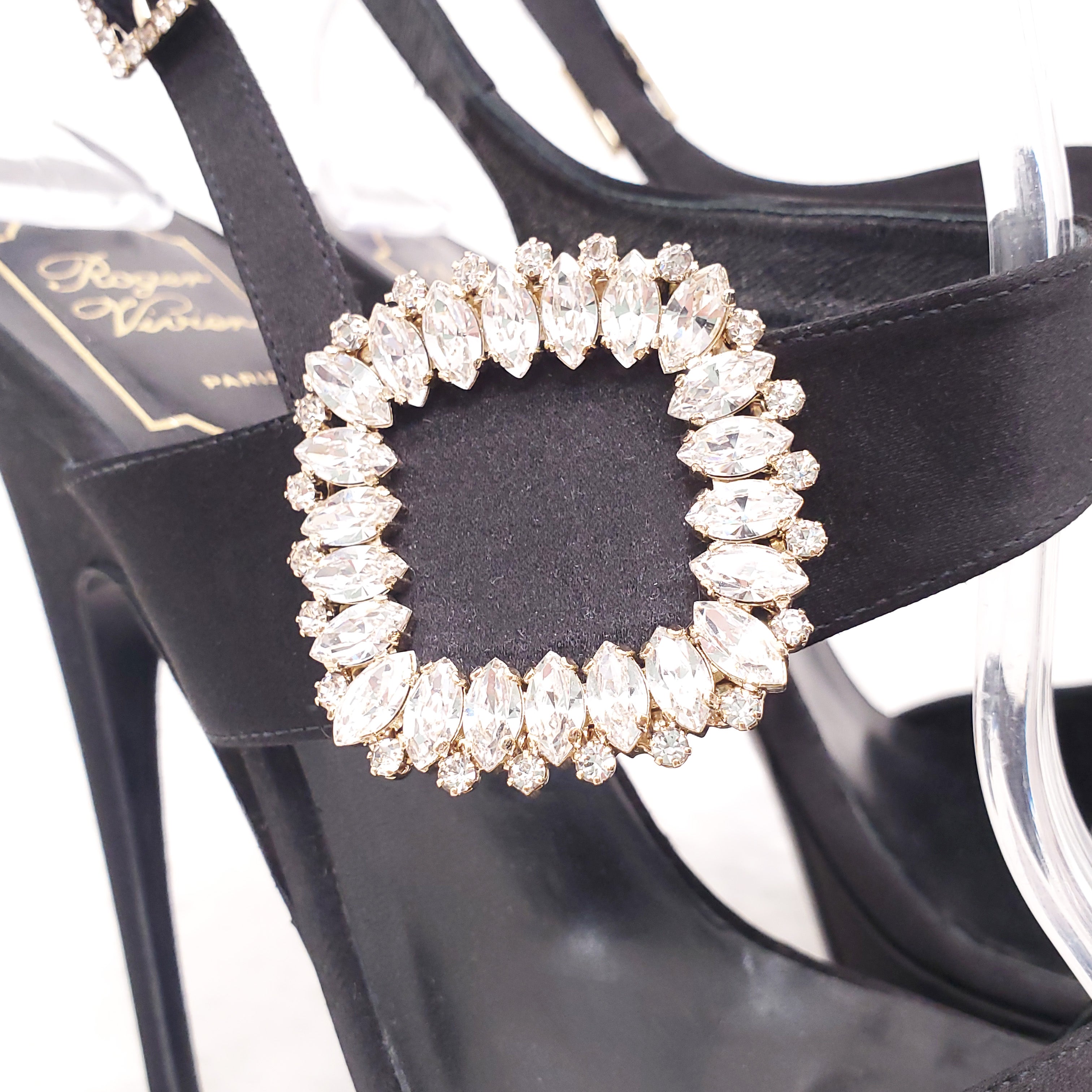 ROGER VIVIER BLACK SATIN PLATFORM OPEN TOE HEELS WITH CRYSTAL EMBELLISHMENT - SIZE 41