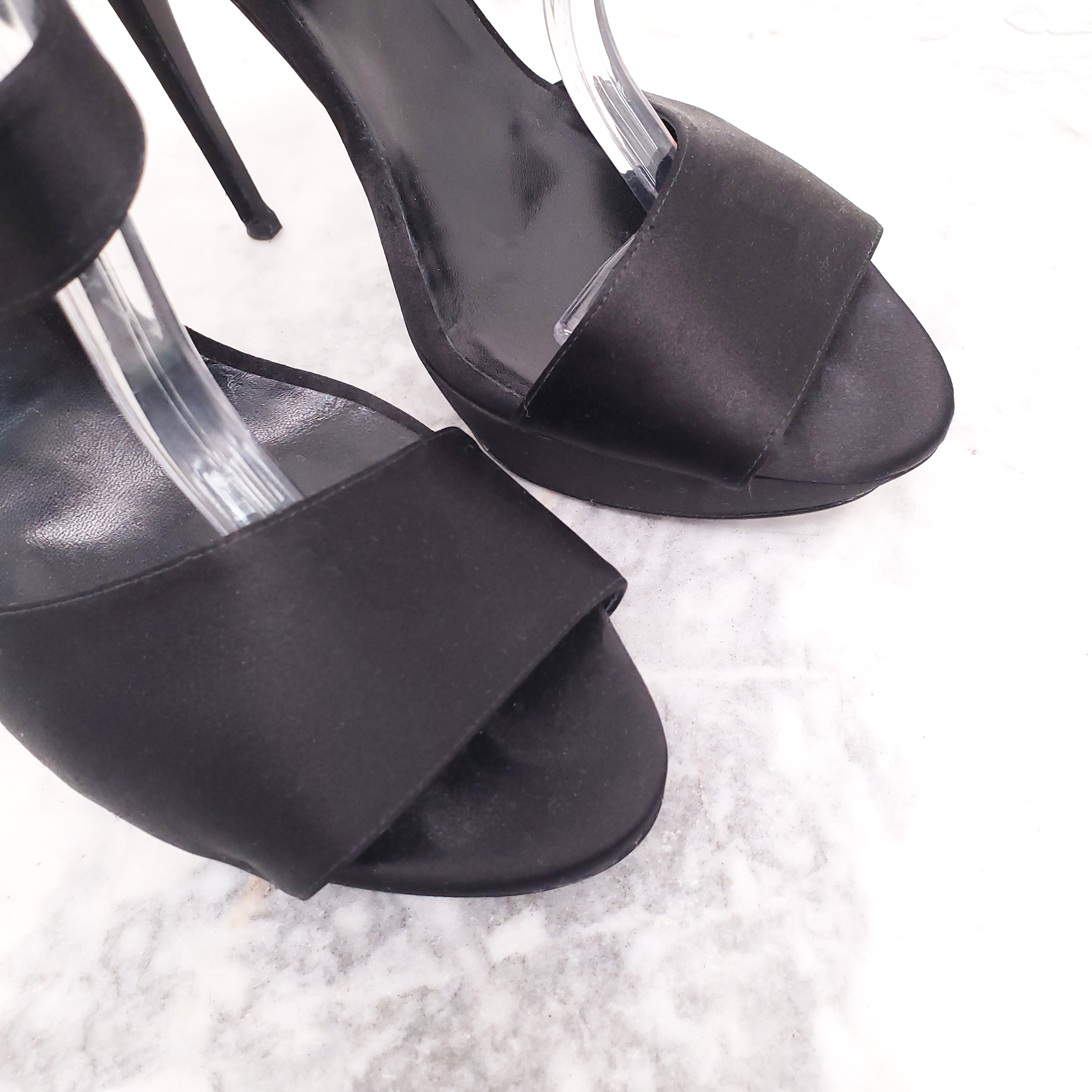 ROGER VIVIER BLACK SATIN PLATFORM OPEN TOE HEELS WITH CRYSTAL EMBELLISHMENT - SIZE 41