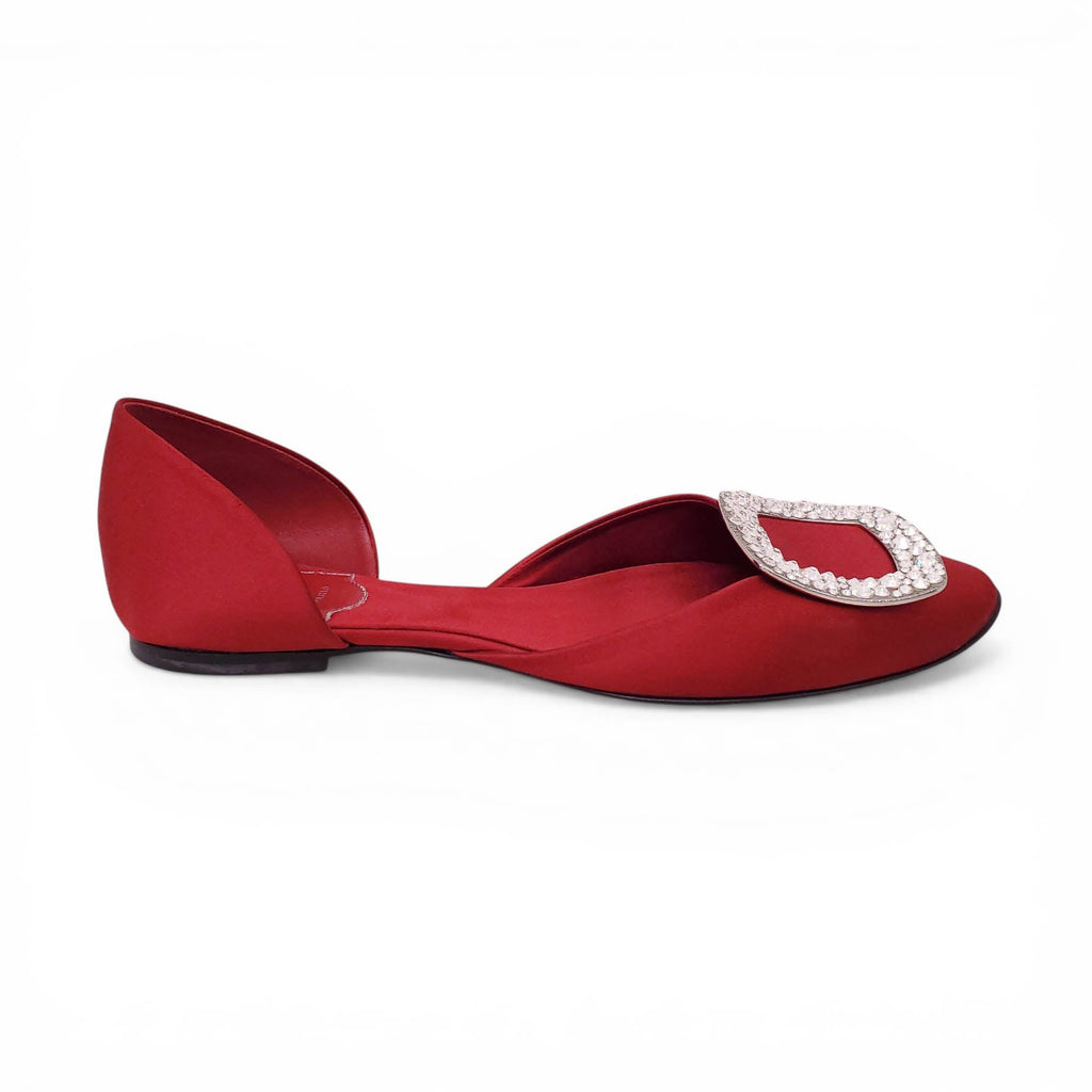 ROGER VIVIER RED SATIN CRYSTAL BALLERINA FLATS - SIZE 36.5