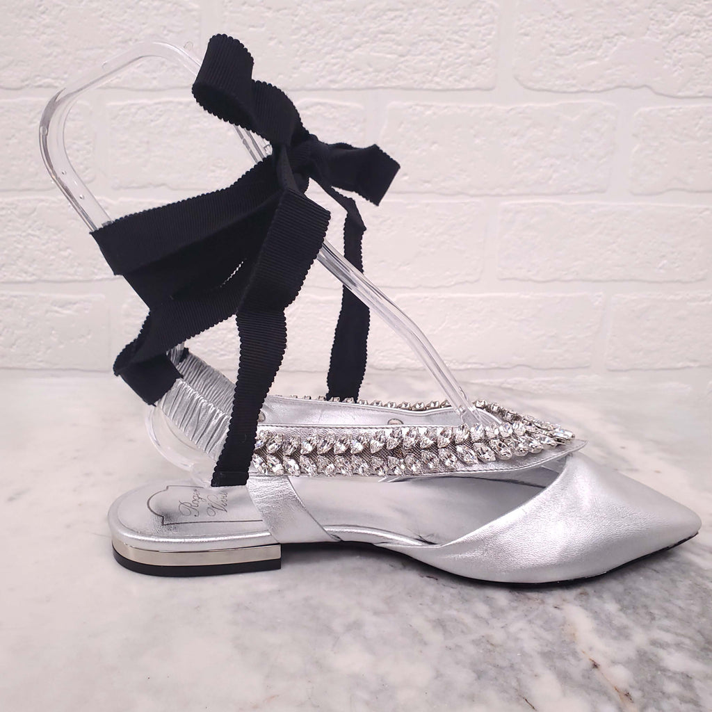 ROGER VIVIER V CRYSTAL-EMBELLISHED METALLIC LEATHER POIN-TOE FLATS - SIZE 36