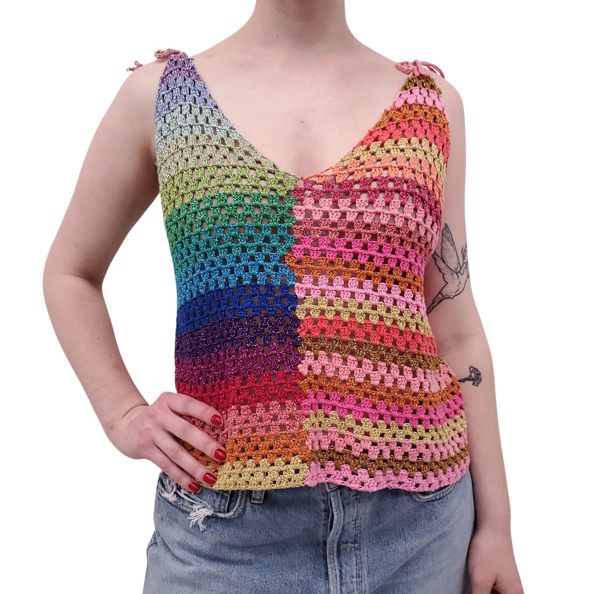 ROSE CARMINE RAINBOW CROCHET TANK TOP - SIZE O/S
