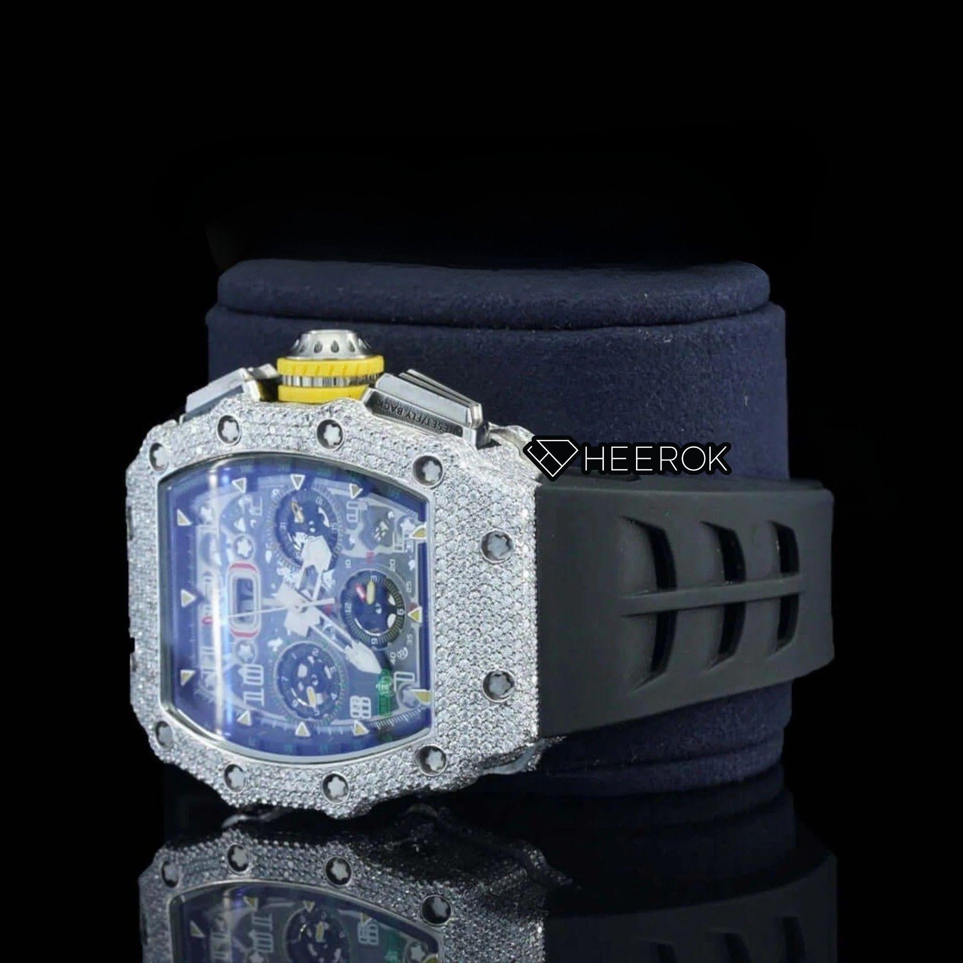 Richard Mille RM Tonneau Case Black Dial Chronograph Diamond Bezel Semi Iced Moissanite Diamond Black Rubber Strap