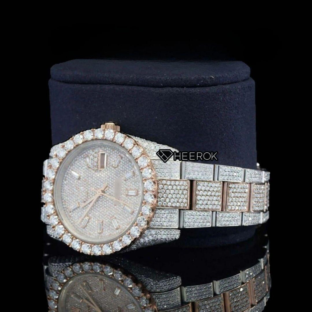 Rolex Datejust Baguette Diamond Dial Large Round Diamond Bezel Two Tone Rose Gold Moissanite Diamond Oyster Bracelet