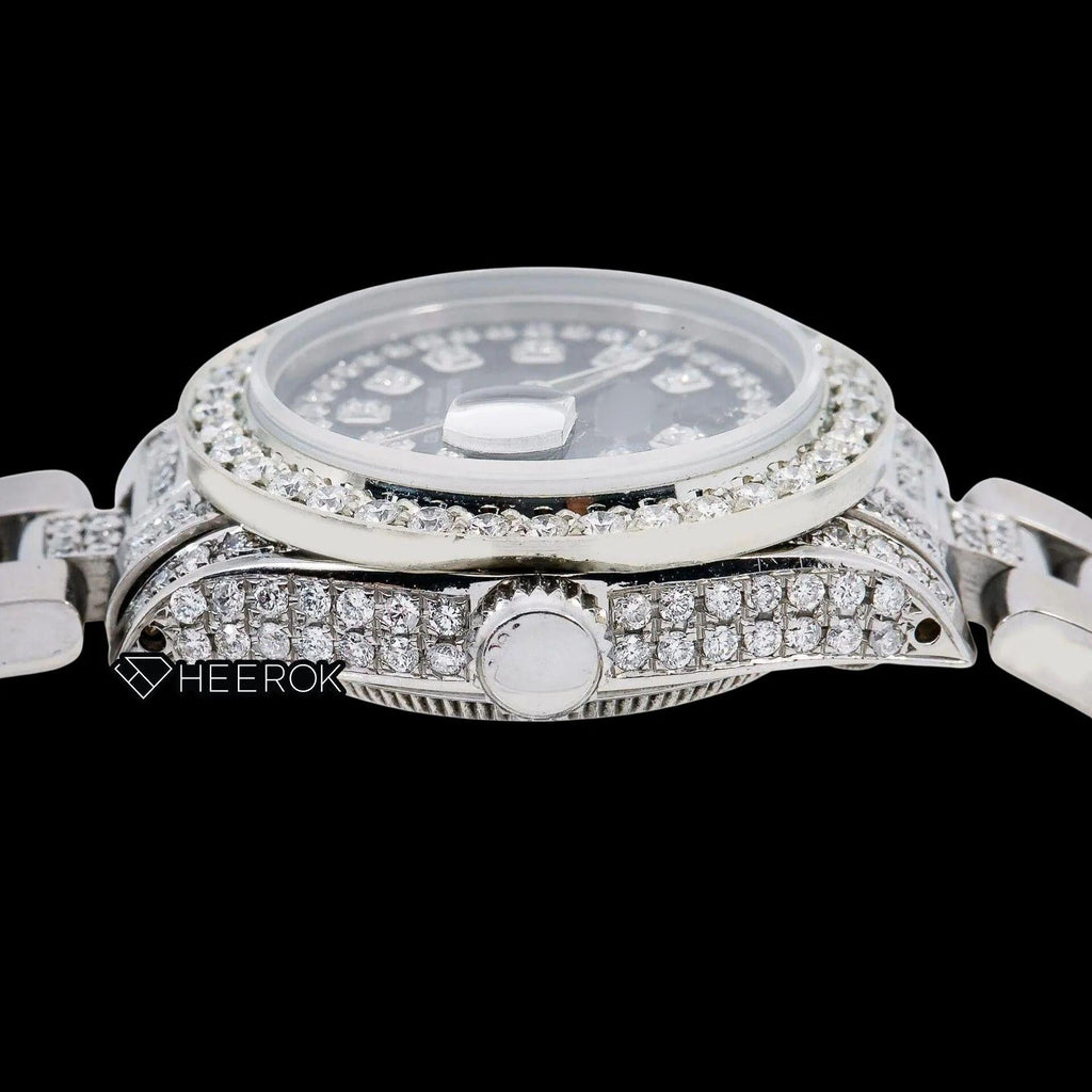 Rolex Datejust Black Dial Diamond Markers Diamond Bezel Semi Iced Moissanite Diamond Oyster Bracelet For Women