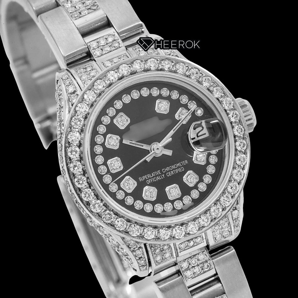 Rolex Datejust Black Dial Diamond Markers Diamond Bezel Semi Iced Moissanite Diamond Oyster Bracelet For Women