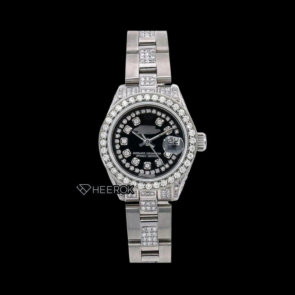 Rolex Datejust Black Dial Diamond Markers Diamond Bezel Semi Iced Moissanite Diamond Oyster Bracelet For Women