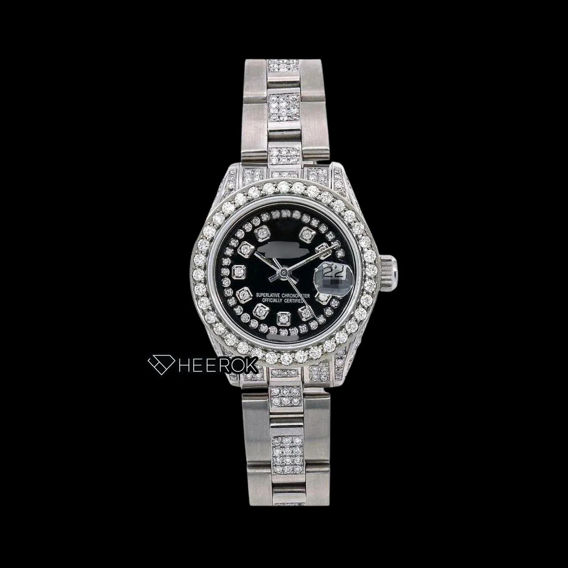 Rolex Datejust Black Dial Diamond Markers Diamond Bezel Semi Iced Moissanite Diamond Oyster Bracelet For Women